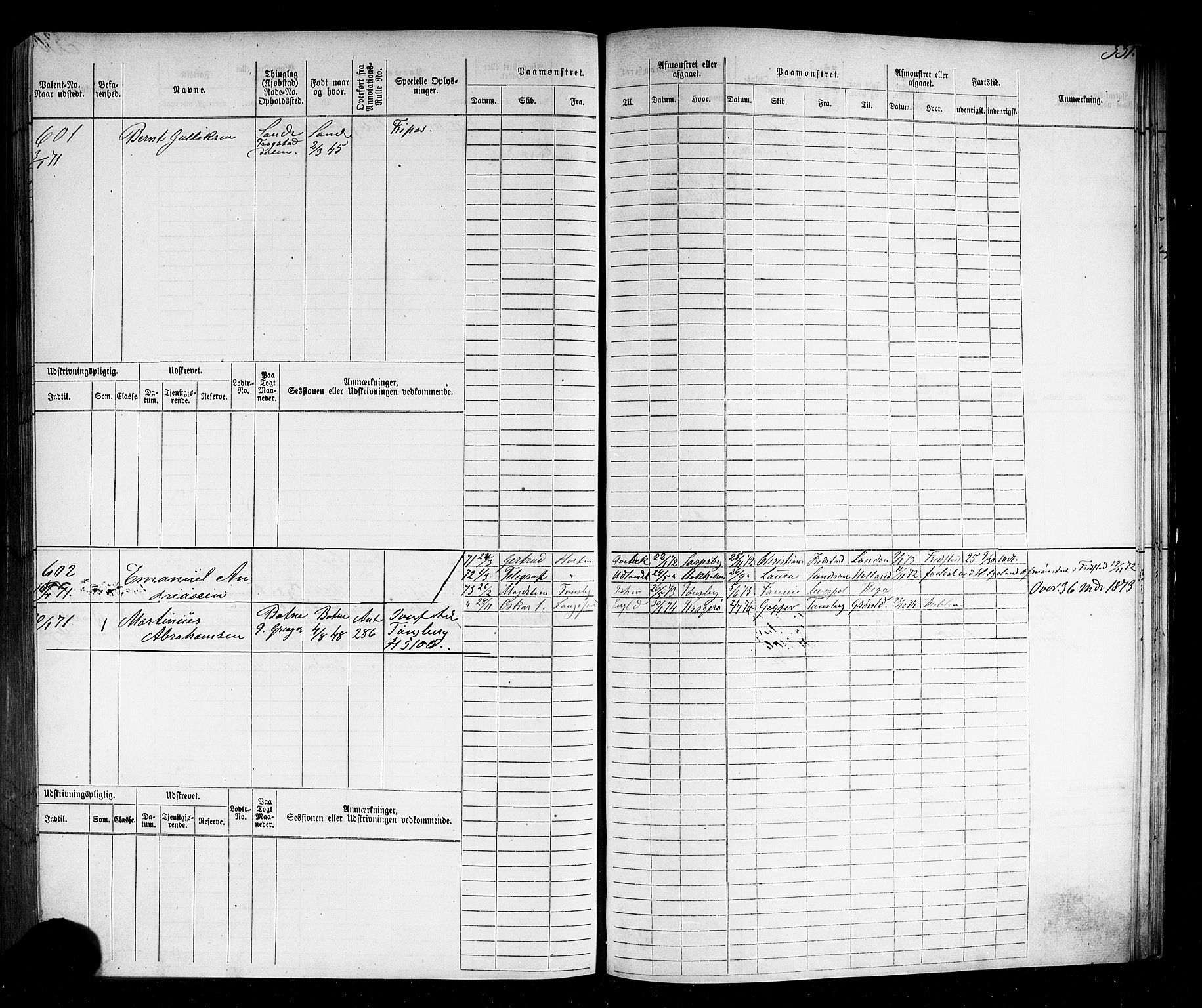 Holmestrand innrulleringskontor, SAKO/A-1151/F/Fc/L0002: Hovedrulle, 1868-1872, p. 305