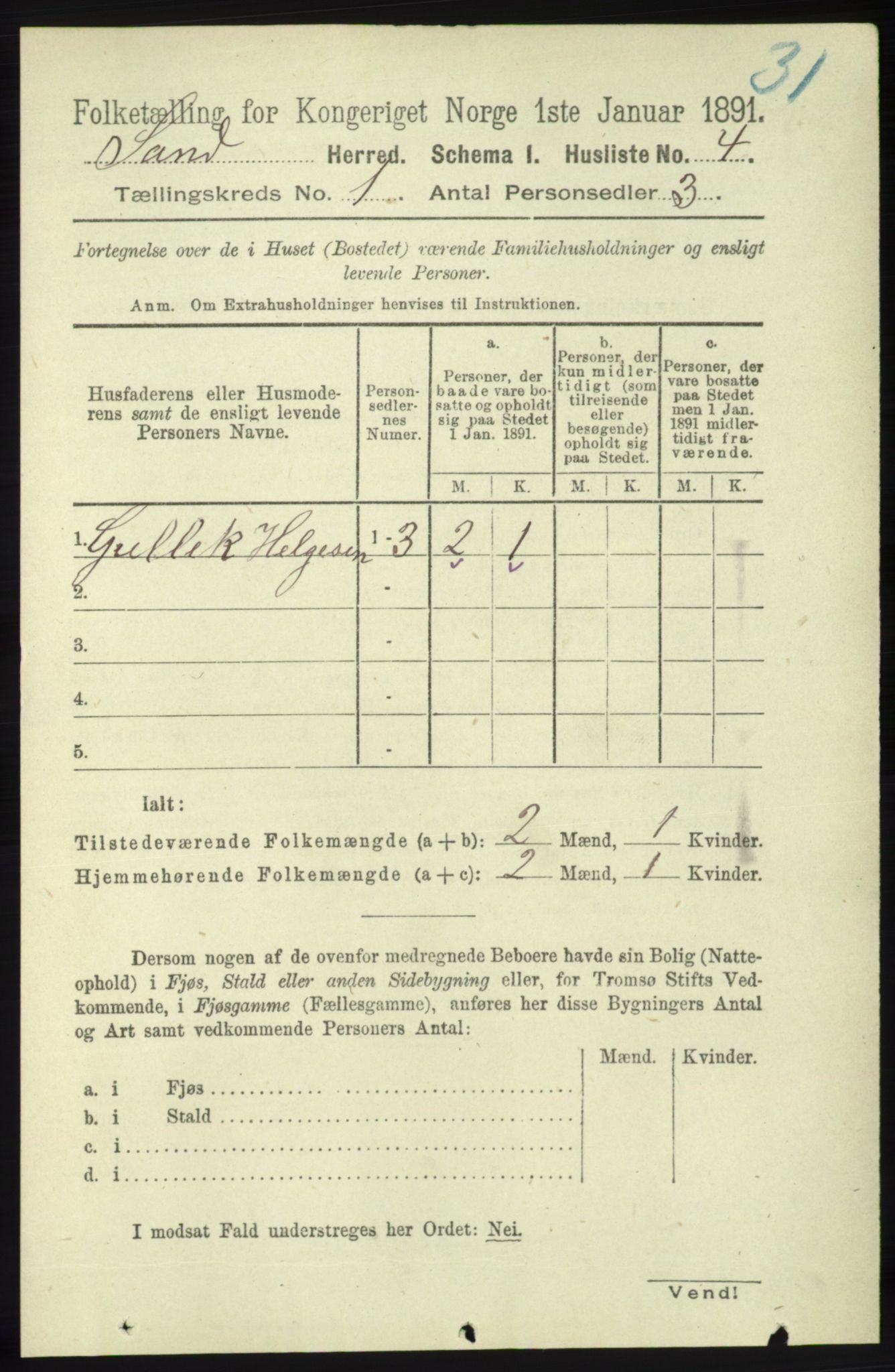 RA, 1891 census for 1136 Sand, 1891, p. 19