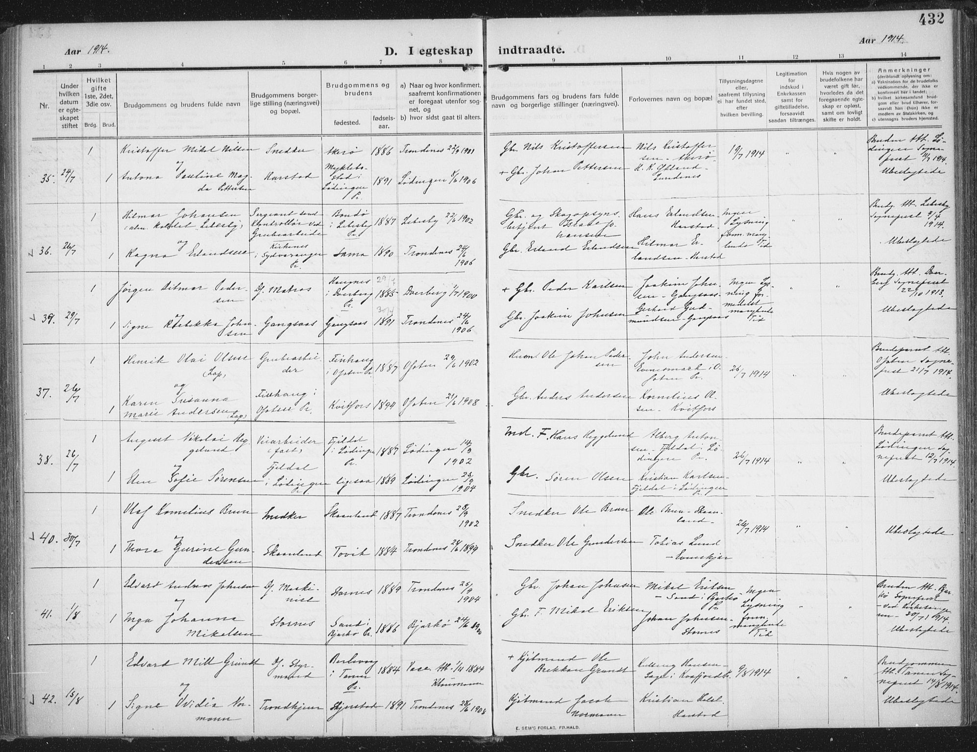 Trondenes sokneprestkontor, SATØ/S-1319/H/Ha/L0018kirke: Parish register (official) no. 18, 1909-1918, p. 432
