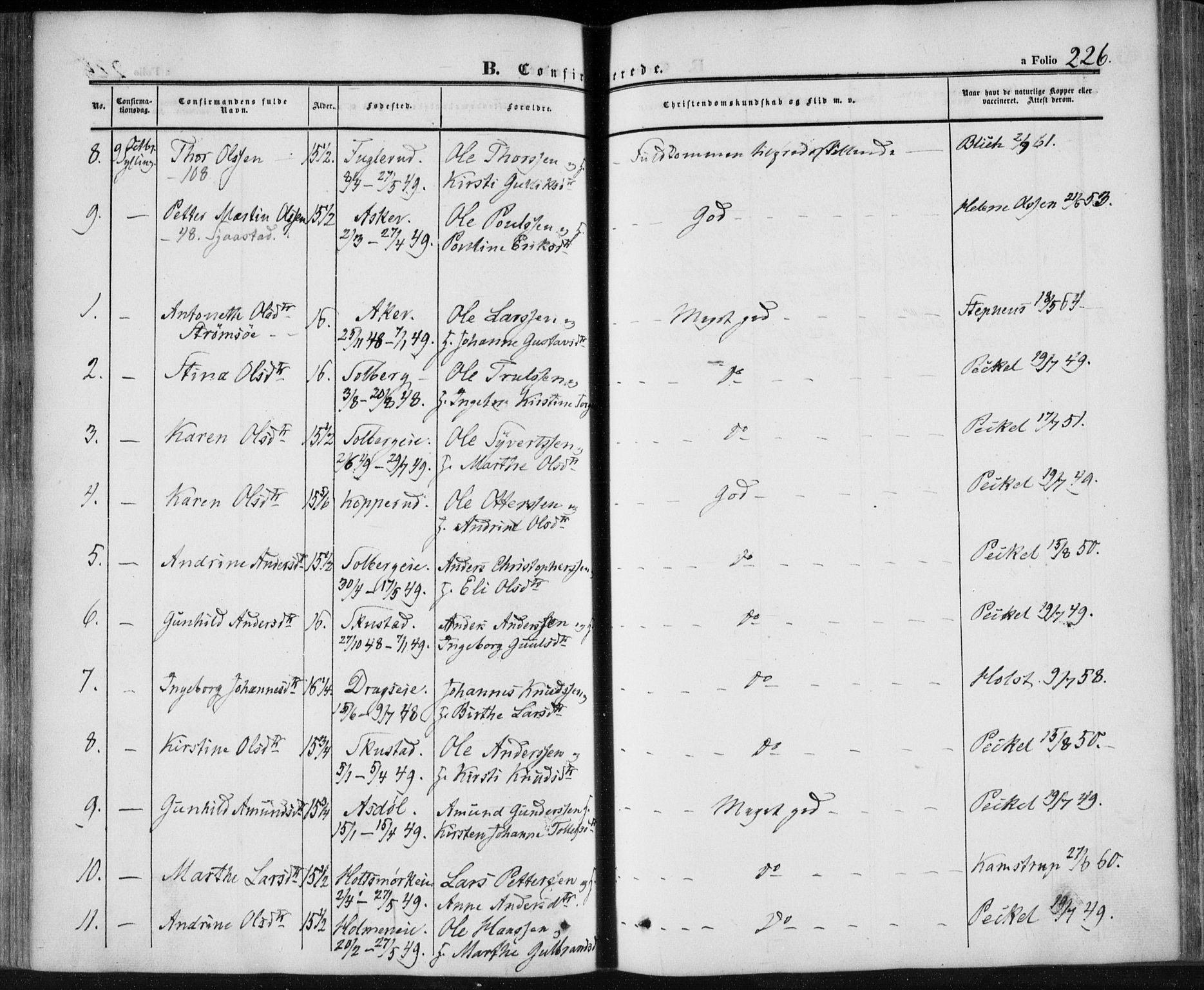 Lier kirkebøker, AV/SAKO-A-230/F/Fa/L0012: Parish register (official) no. I 12, 1854-1864, p. 226