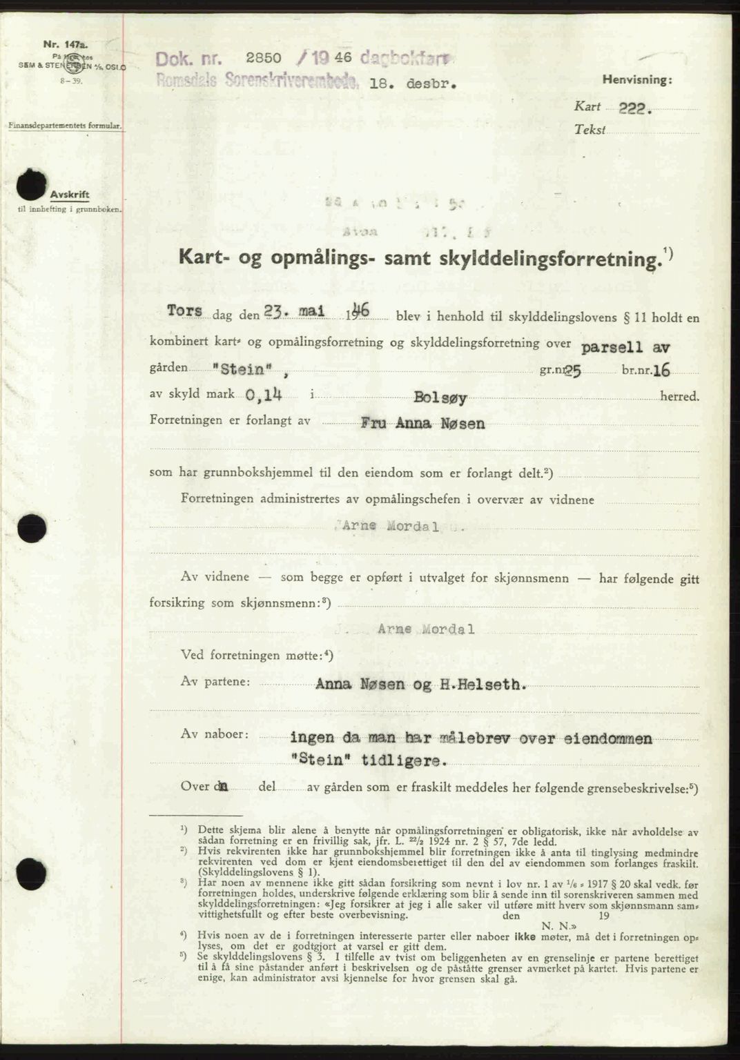 Romsdal sorenskriveri, AV/SAT-A-4149/1/2/2C: Mortgage book no. A21, 1946-1946, Diary no: : 2850/1946