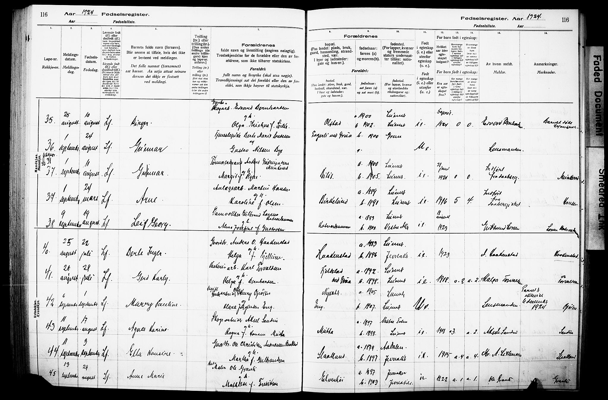 Lunner prestekontor, AV/SAH-PREST-118/I/Id/L0001: Birth register no. 1, 1916-1932, p. 116