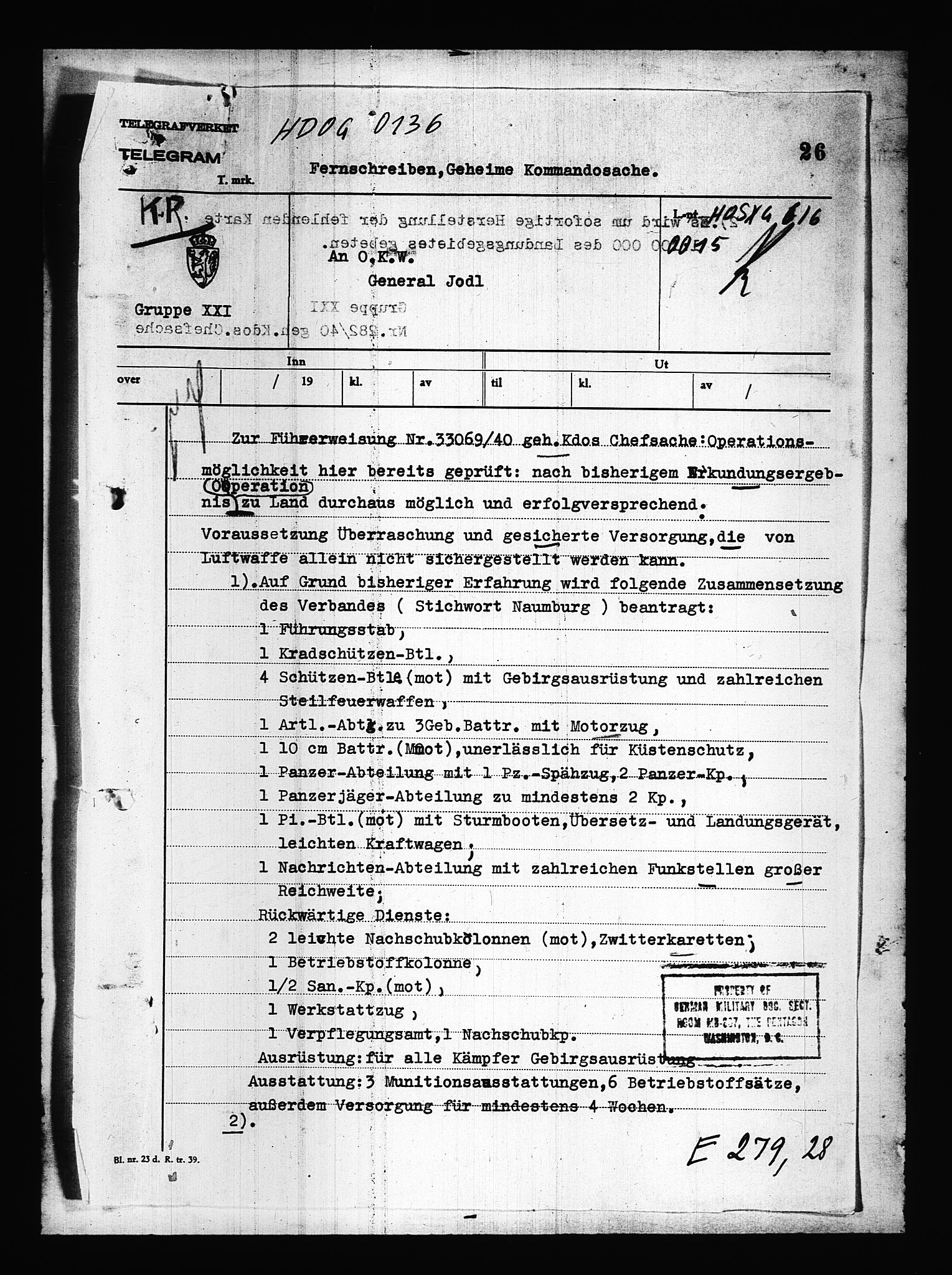 Documents Section, RA/RAFA-2200/V/L0084: Amerikansk mikrofilm "Captured German Documents".
Box No. 723.  FKA jnr. 615/1954., 1940, p. 87