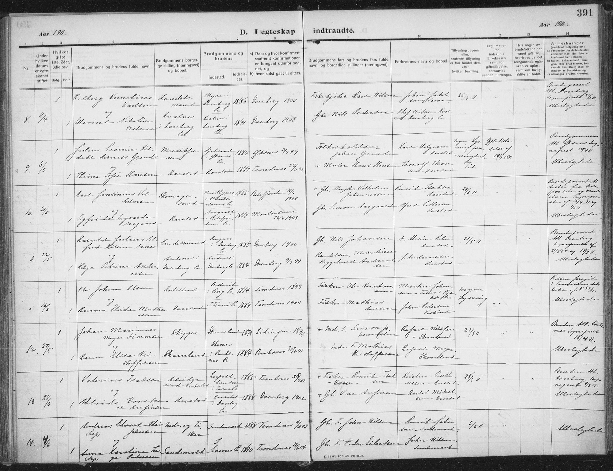 Trondenes sokneprestkontor, AV/SATØ-S-1319/H/Ha/L0018kirke: Parish register (official) no. 18, 1909-1918, p. 391