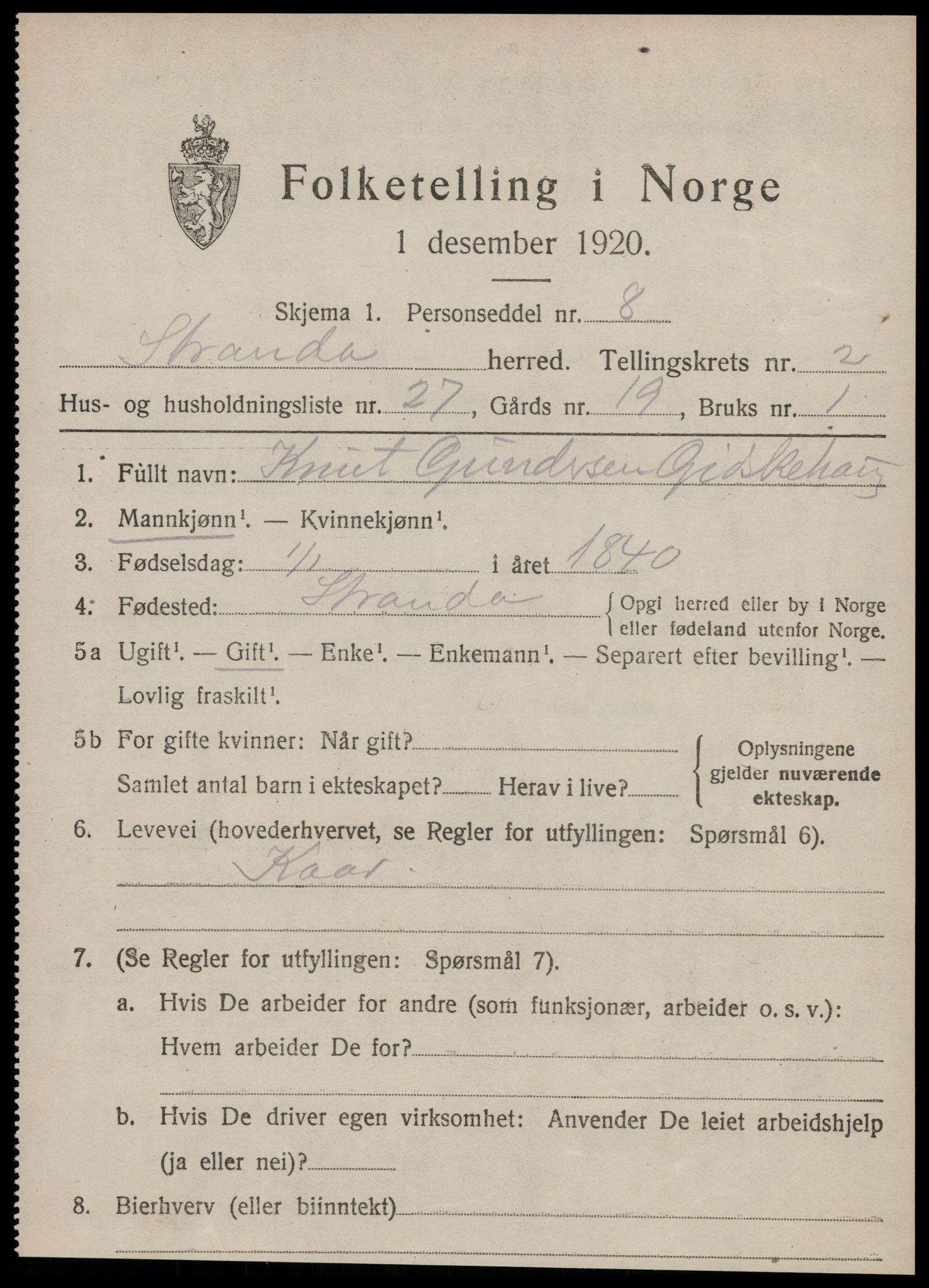 SAT, 1920 census for Stranda, 1920, p. 1243