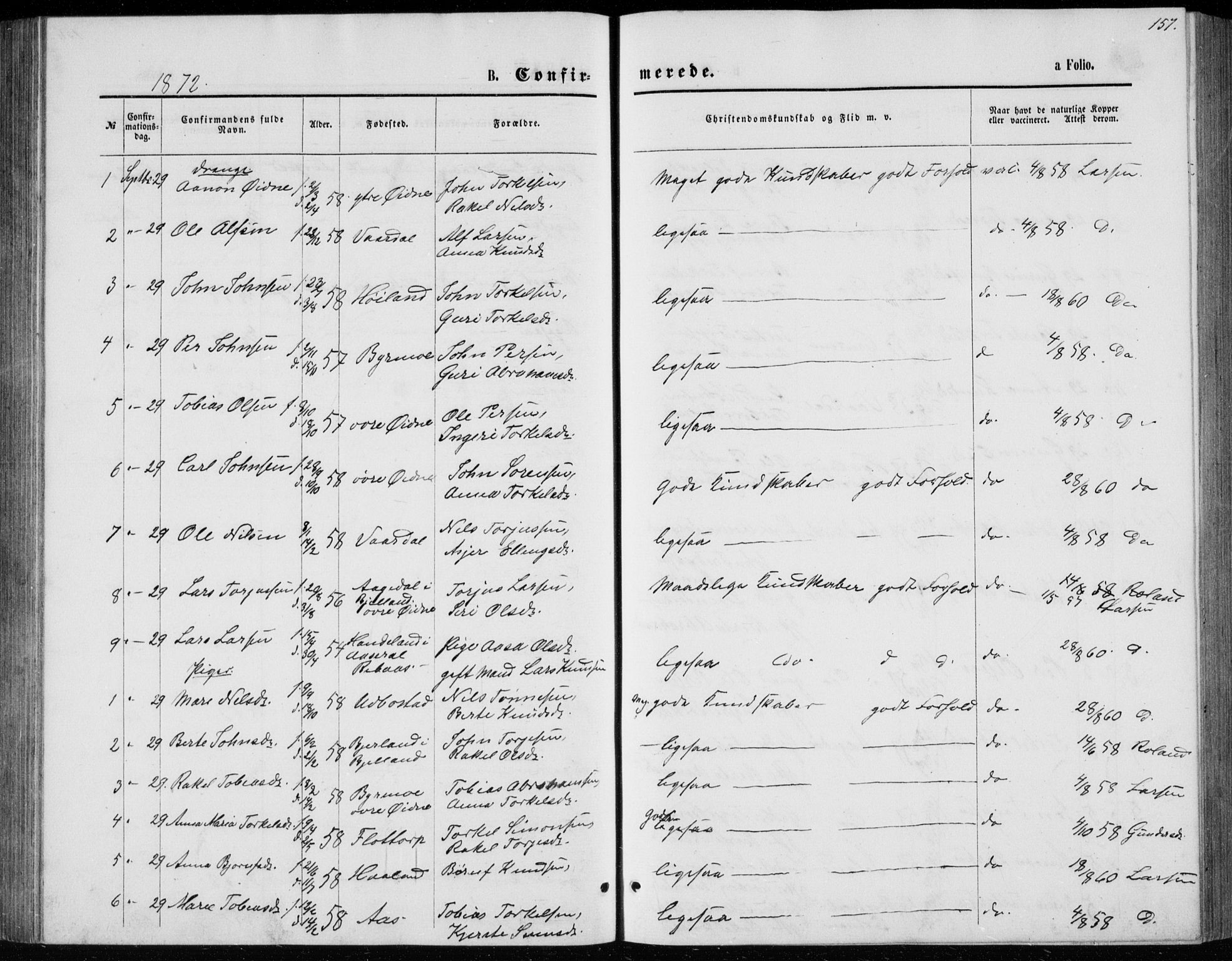 Bjelland sokneprestkontor, AV/SAK-1111-0005/F/Fb/Fbc/L0002: Parish register (copy) no. B 2, 1867-1887, p. 157