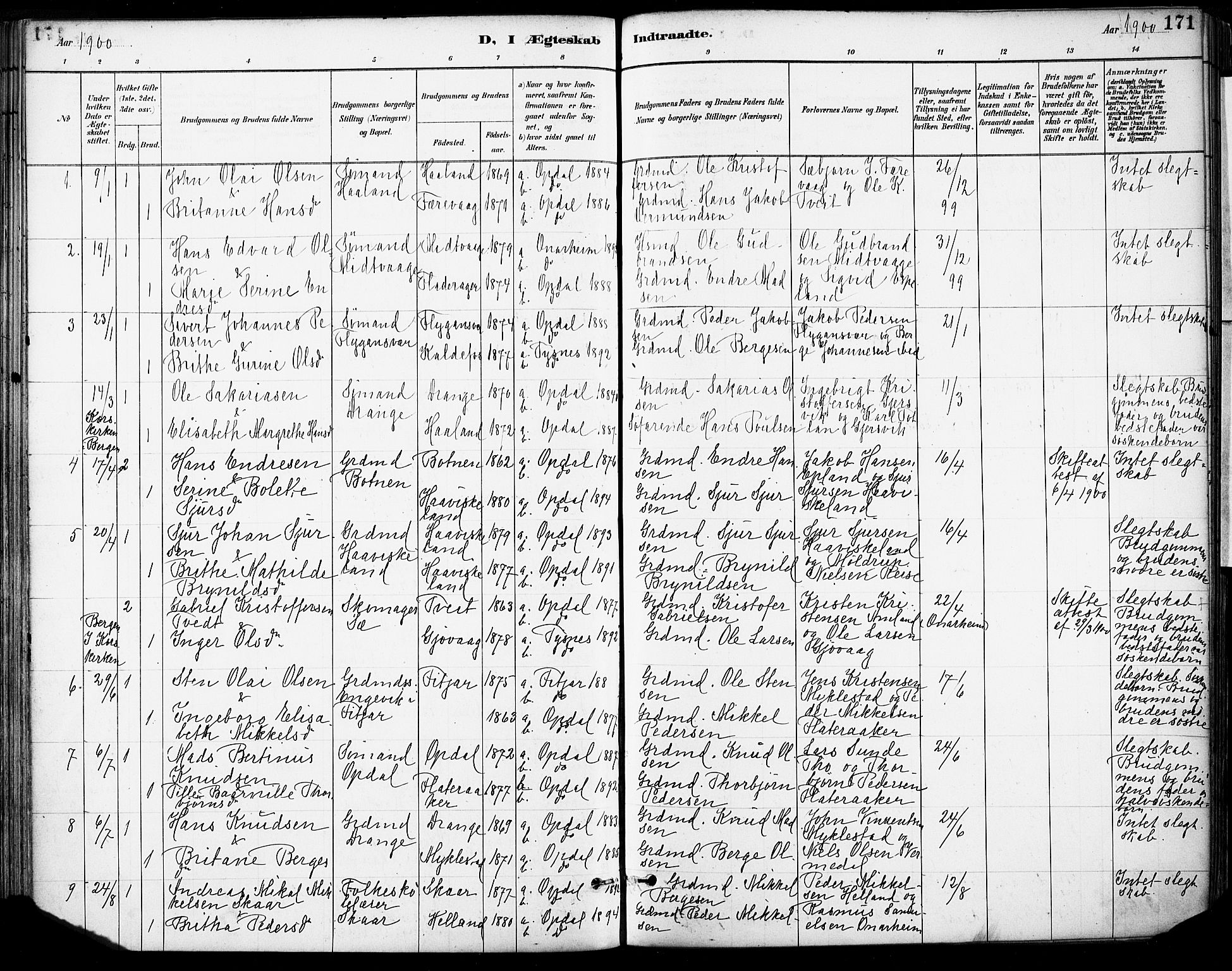 Tysnes sokneprestembete, SAB/A-78601/H/Haa: Parish register (official) no. D 1, 1887-1904, p. 171