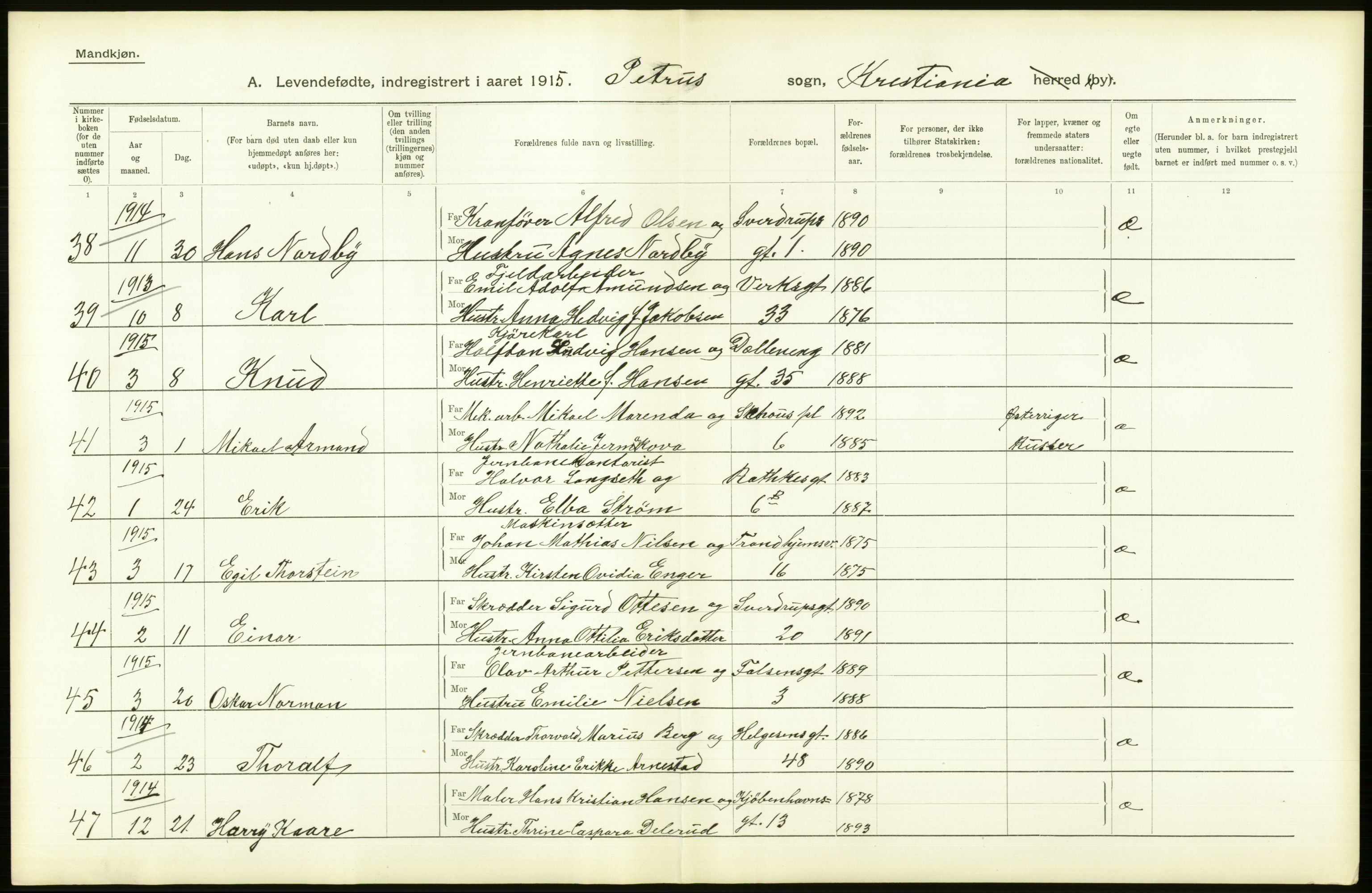 Statistisk sentralbyrå, Sosiodemografiske emner, Befolkning, AV/RA-S-2228/D/Df/Dfb/Dfbe/L0006: Kristiania: Levendefødte menn og kvinner., 1915, p. 42