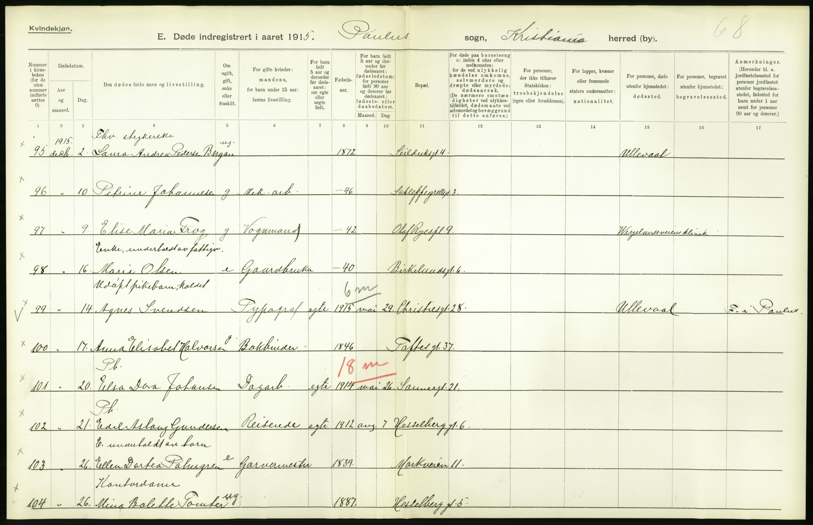 Statistisk sentralbyrå, Sosiodemografiske emner, Befolkning, AV/RA-S-2228/D/Df/Dfb/Dfbe/L0009: Kristiania: Døde., 1915, p. 180