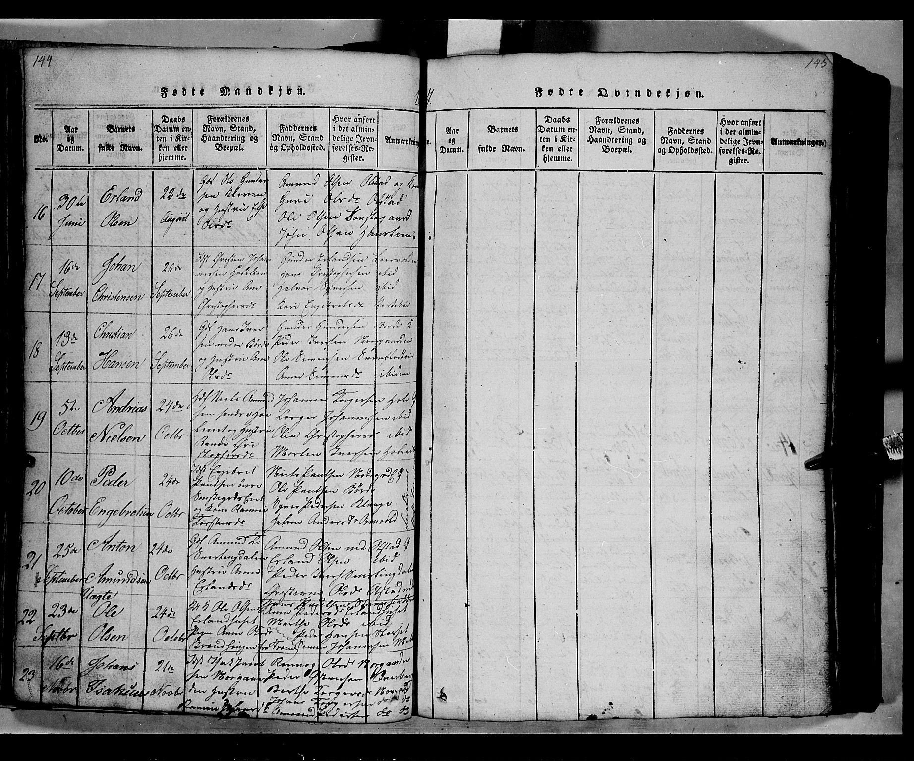 Gausdal prestekontor, SAH/PREST-090/H/Ha/Hab/L0002: Parish register (copy) no. 2, 1818-1874, p. 144-145