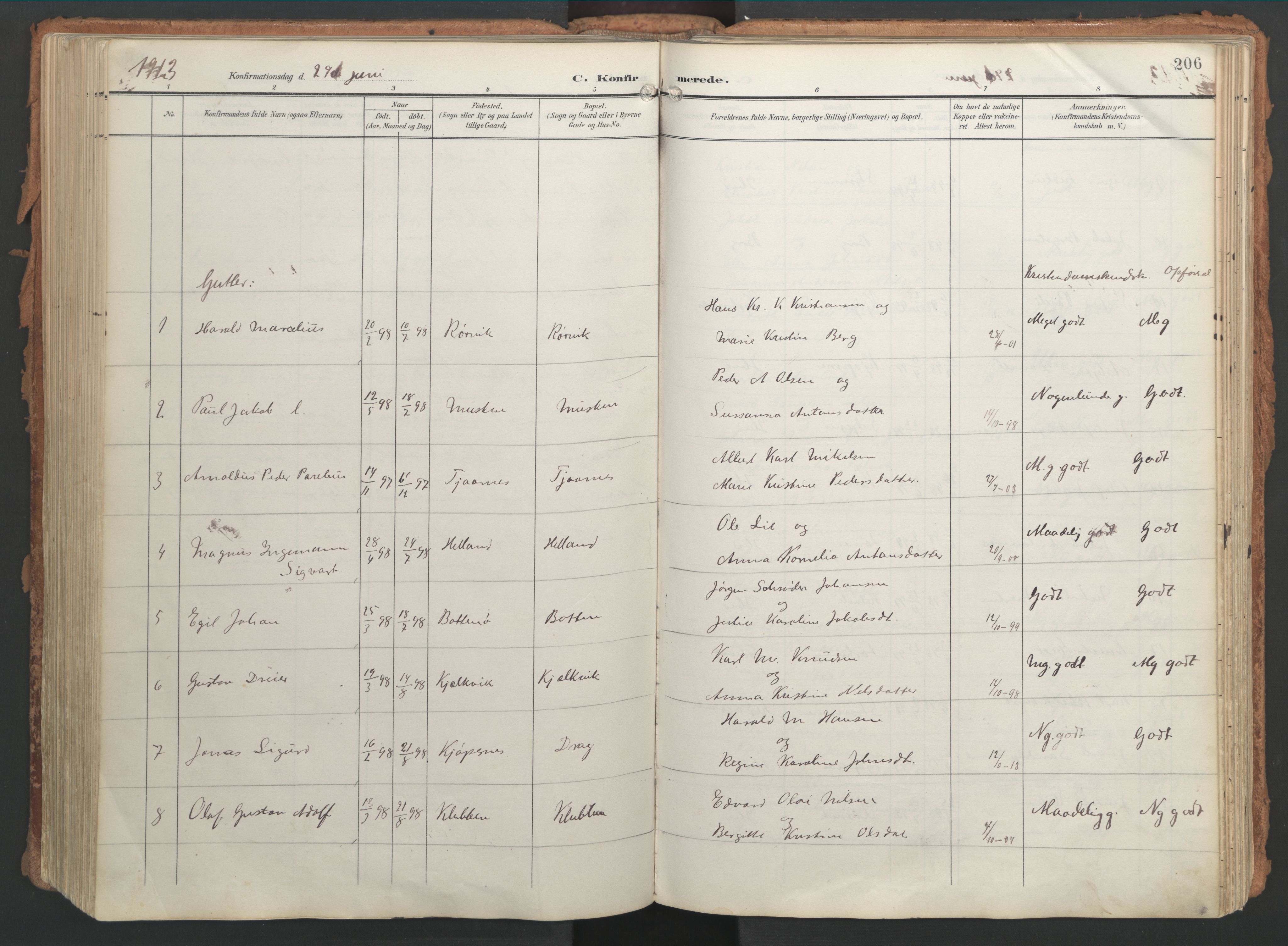 Ministerialprotokoller, klokkerbøker og fødselsregistre - Nordland, AV/SAT-A-1459/861/L0871: Parish register (official) no. 861A06, 1903-1916, p. 206