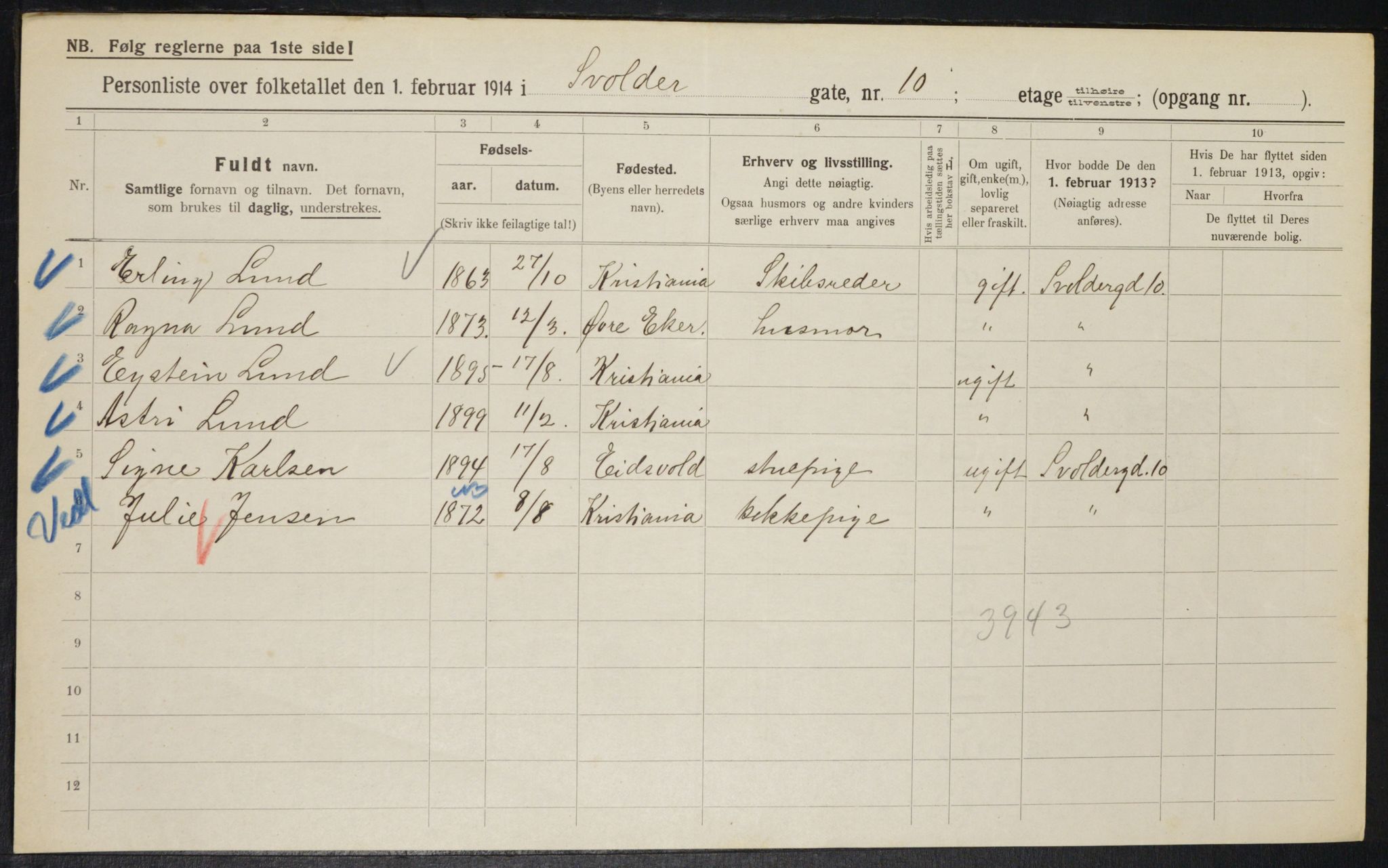 OBA, Municipal Census 1914 for Kristiania, 1914, p. 107008