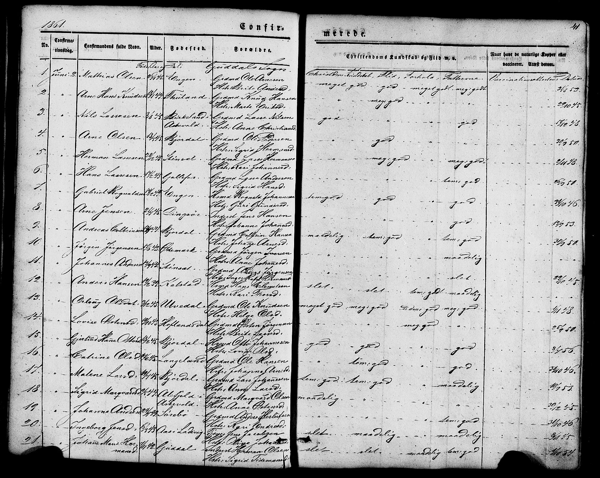 Fjaler sokneprestembete, SAB/A-79801/H/Haa/Haaa/L0008: Parish register (official) no. A 8, 1850-1886, p. 41