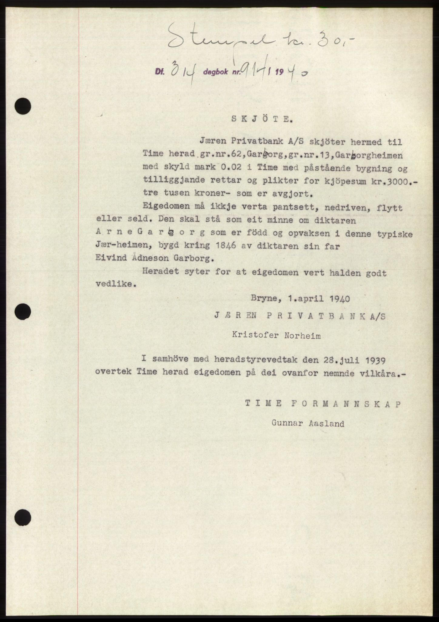 Jæren sorenskriveri, SAST/A-100310/03/G/Gba/L0077: Mortgage book, 1940-1940, Diary no: : 914/1940