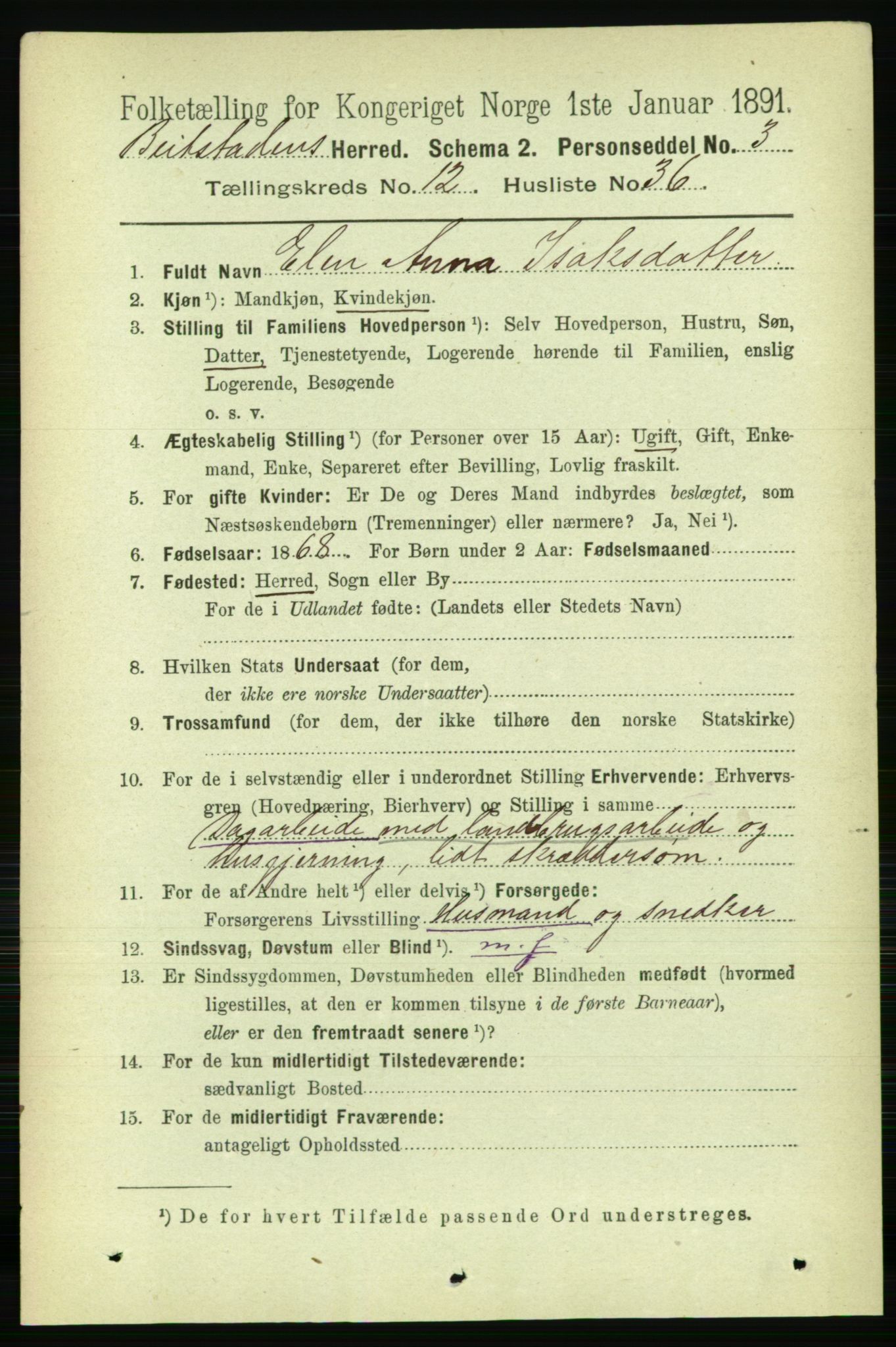 RA, 1891 census for 1727 Beitstad, 1891, p. 3552