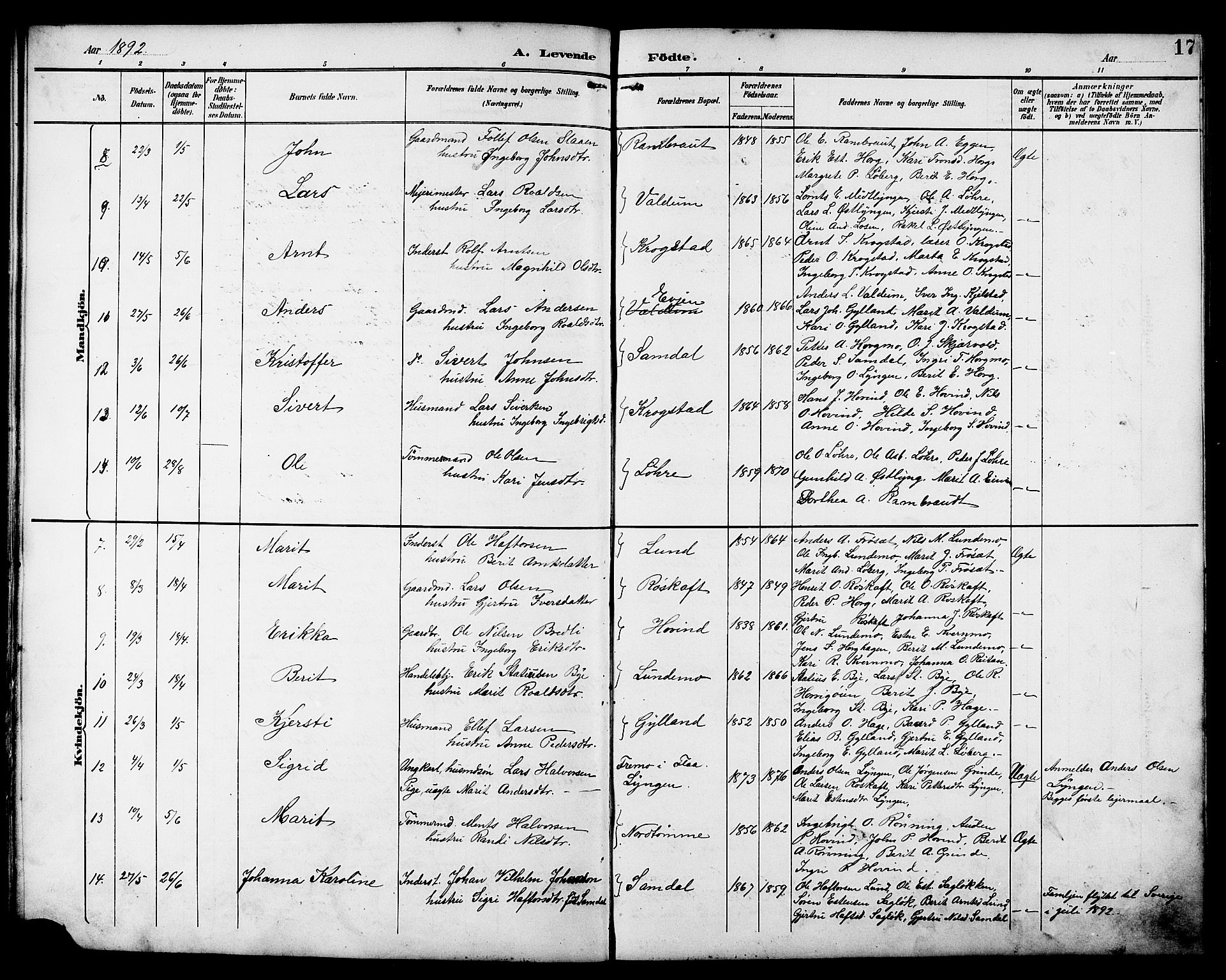 Ministerialprotokoller, klokkerbøker og fødselsregistre - Sør-Trøndelag, SAT/A-1456/692/L1111: Parish register (copy) no. 692C06, 1890-1904, p. 17