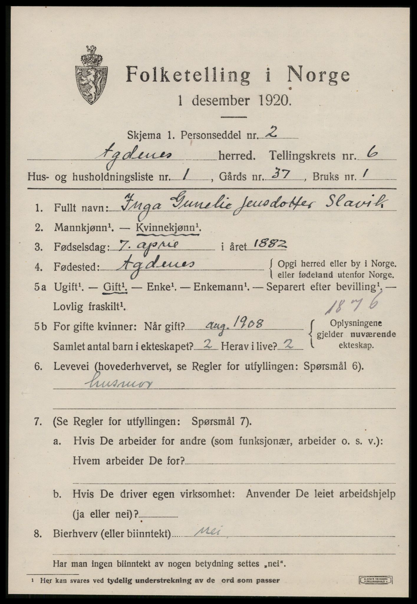 SAT, 1920 census for Agdenes, 1920, p. 2469