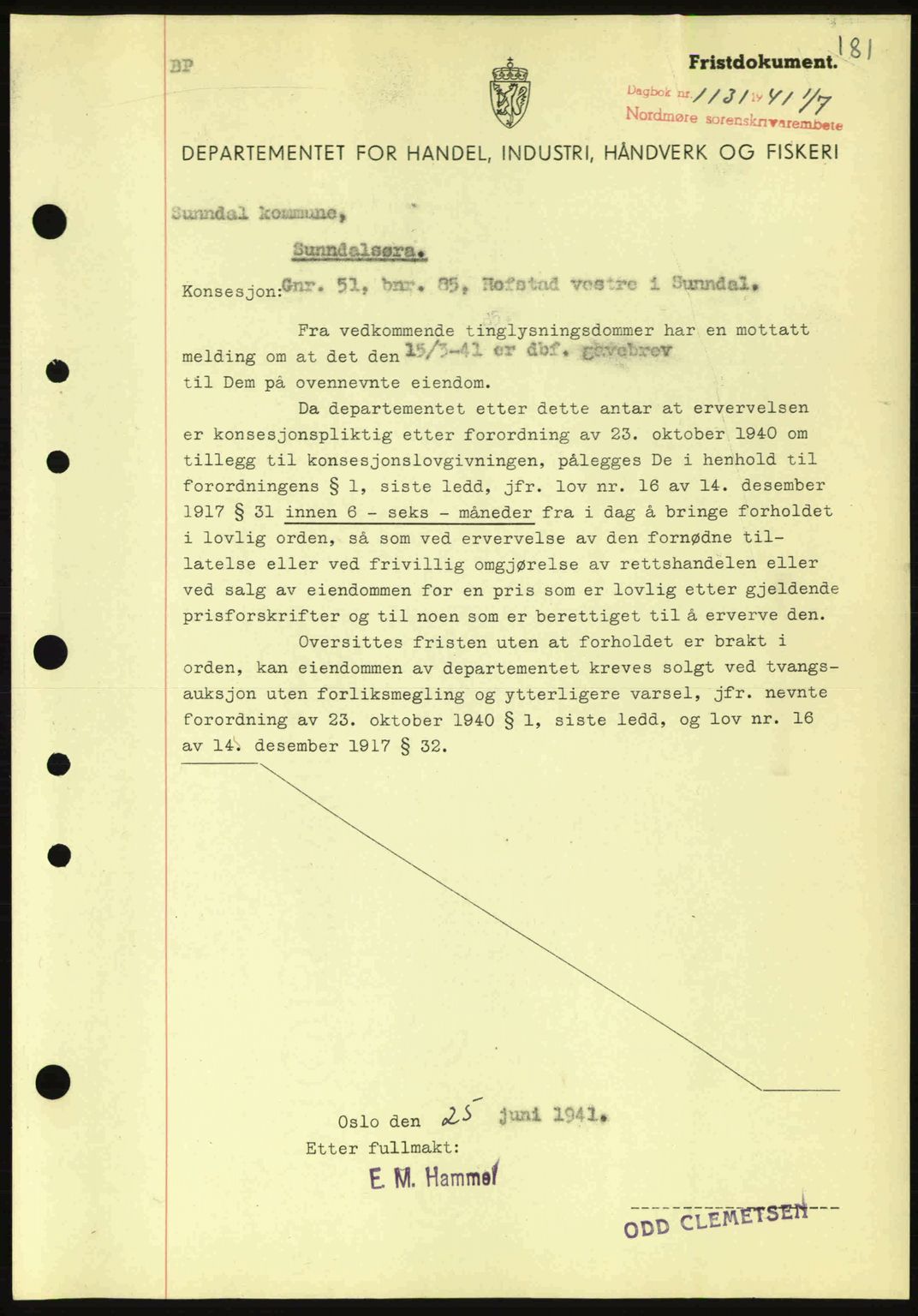 Nordmøre sorenskriveri, AV/SAT-A-4132/1/2/2Ca: Mortgage book no. B88, 1941-1942, Diary no: : 1131/1941