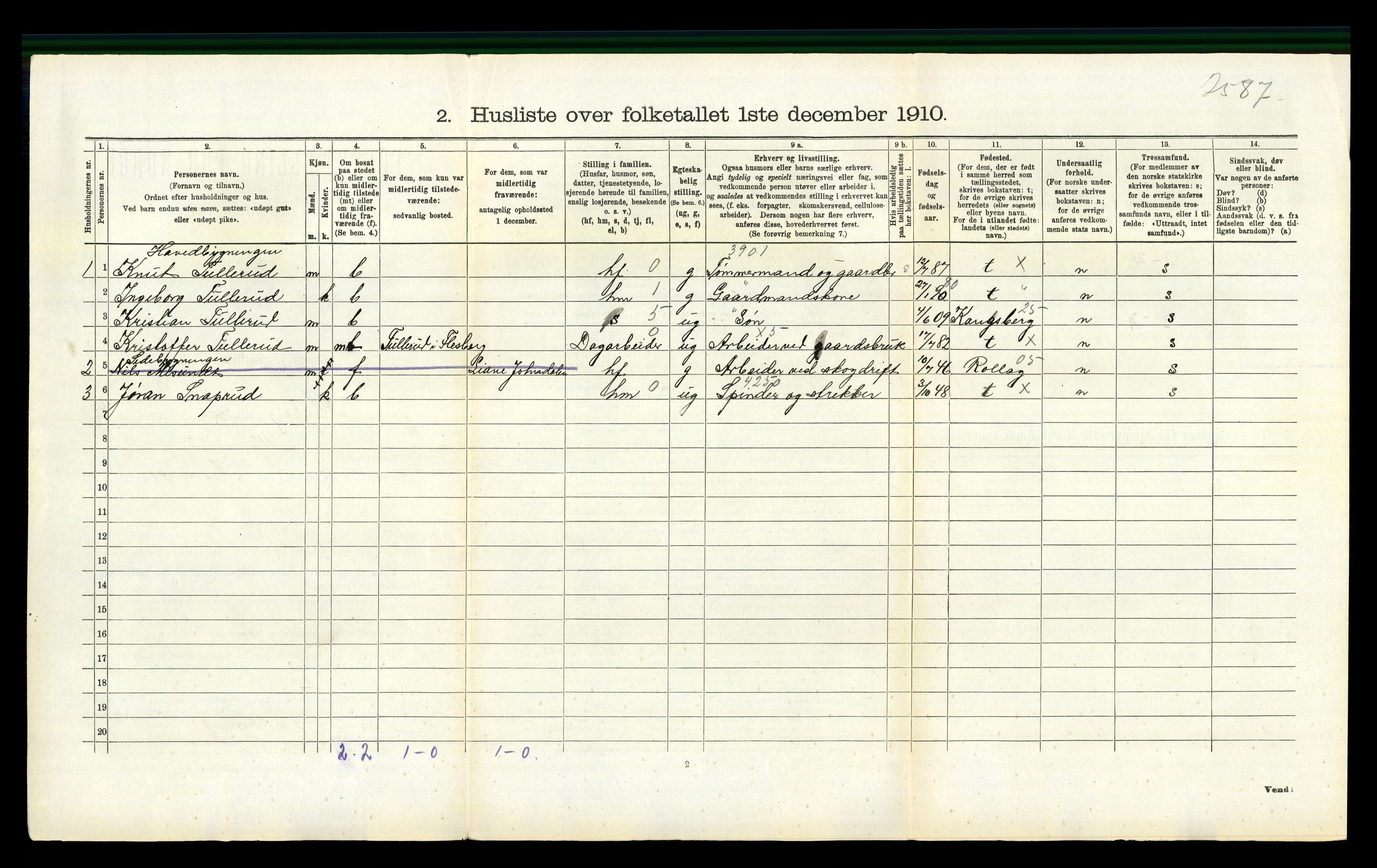 RA, 1910 census for Flesberg, 1910, p. 216