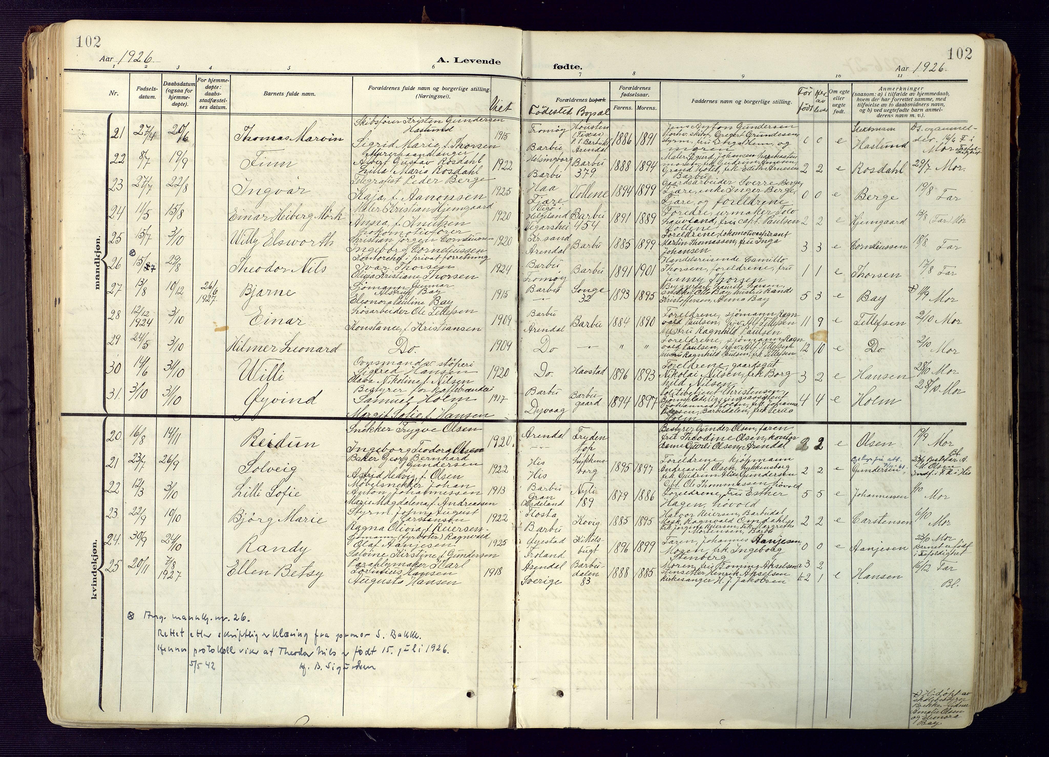 Barbu sokneprestkontor, AV/SAK-1111-0003/F/Fa/L0006: Parish register (official) no. A 6, 1910-1929, p. 102