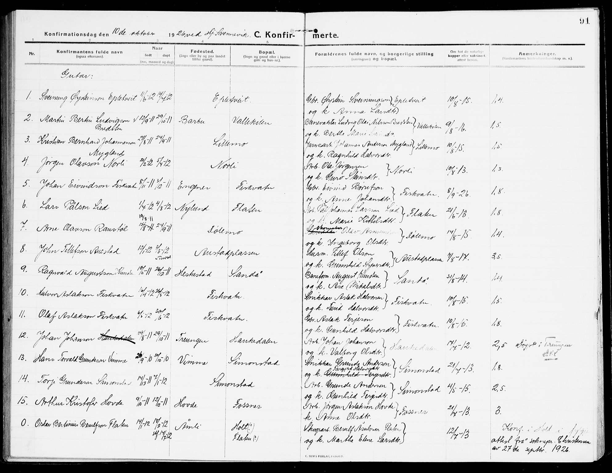 Åmli sokneprestkontor, SAK/1111-0050/F/Fa/Fac/L0013: Parish register (official) no. A 13, 1914-1933, p. 91