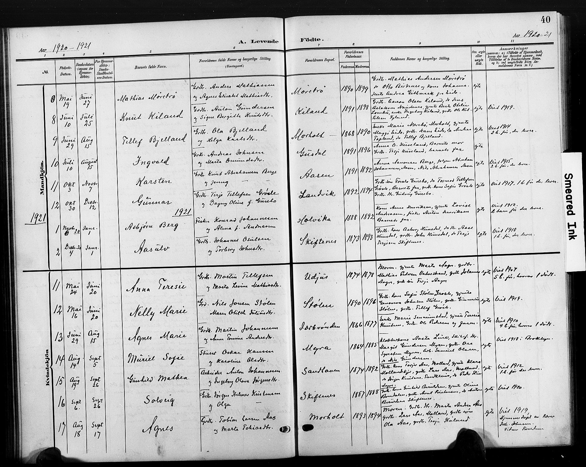 Hommedal sokneprestkontor, AV/SAK-1111-0023/F/Fb/Fbb/L0008: Parish register (copy) no. B 8, 1905-1929, p. 40