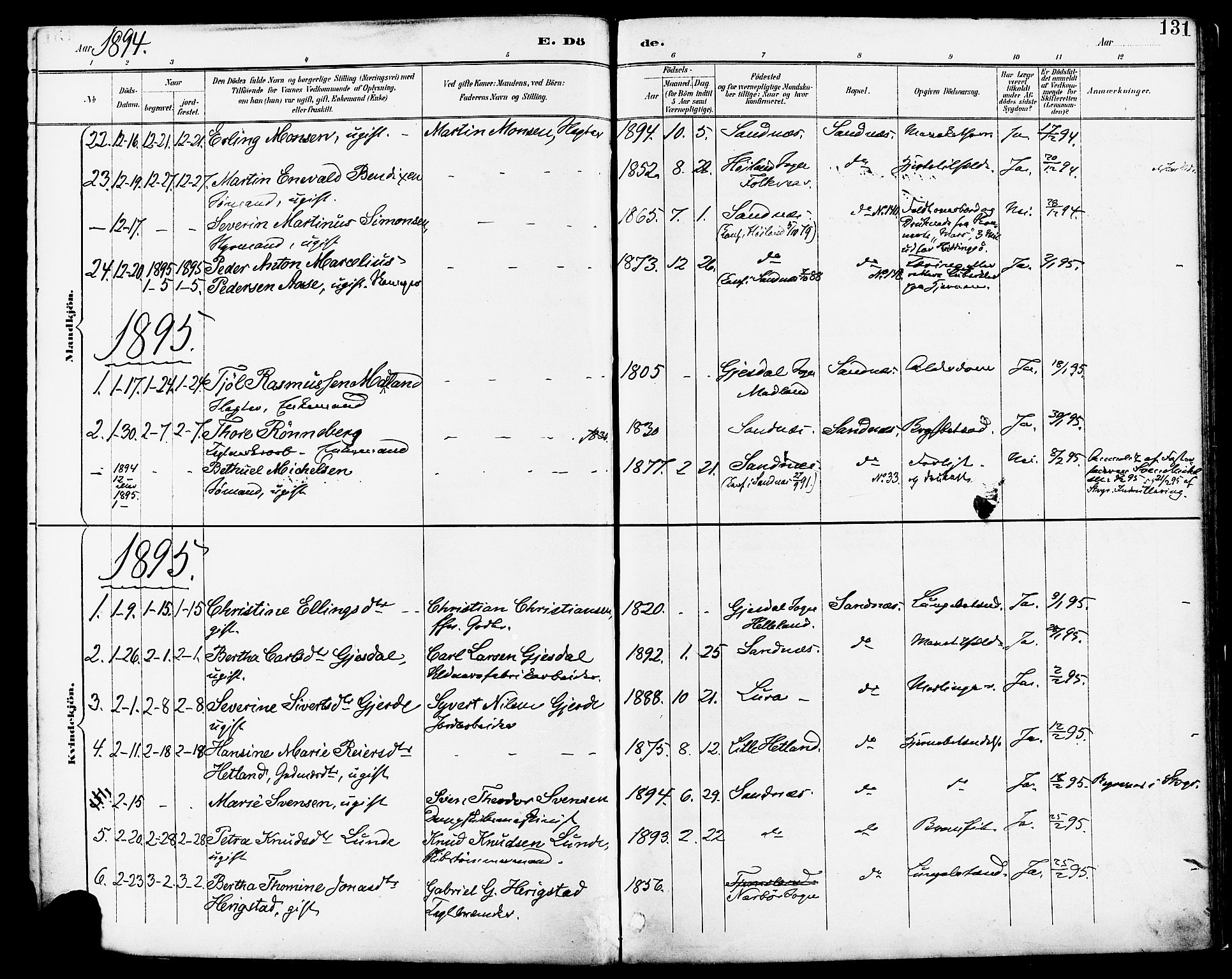 Høyland sokneprestkontor, SAST/A-101799/001/30BA/L0014: Parish register (official) no. A 12, 1890-1898, p. 131