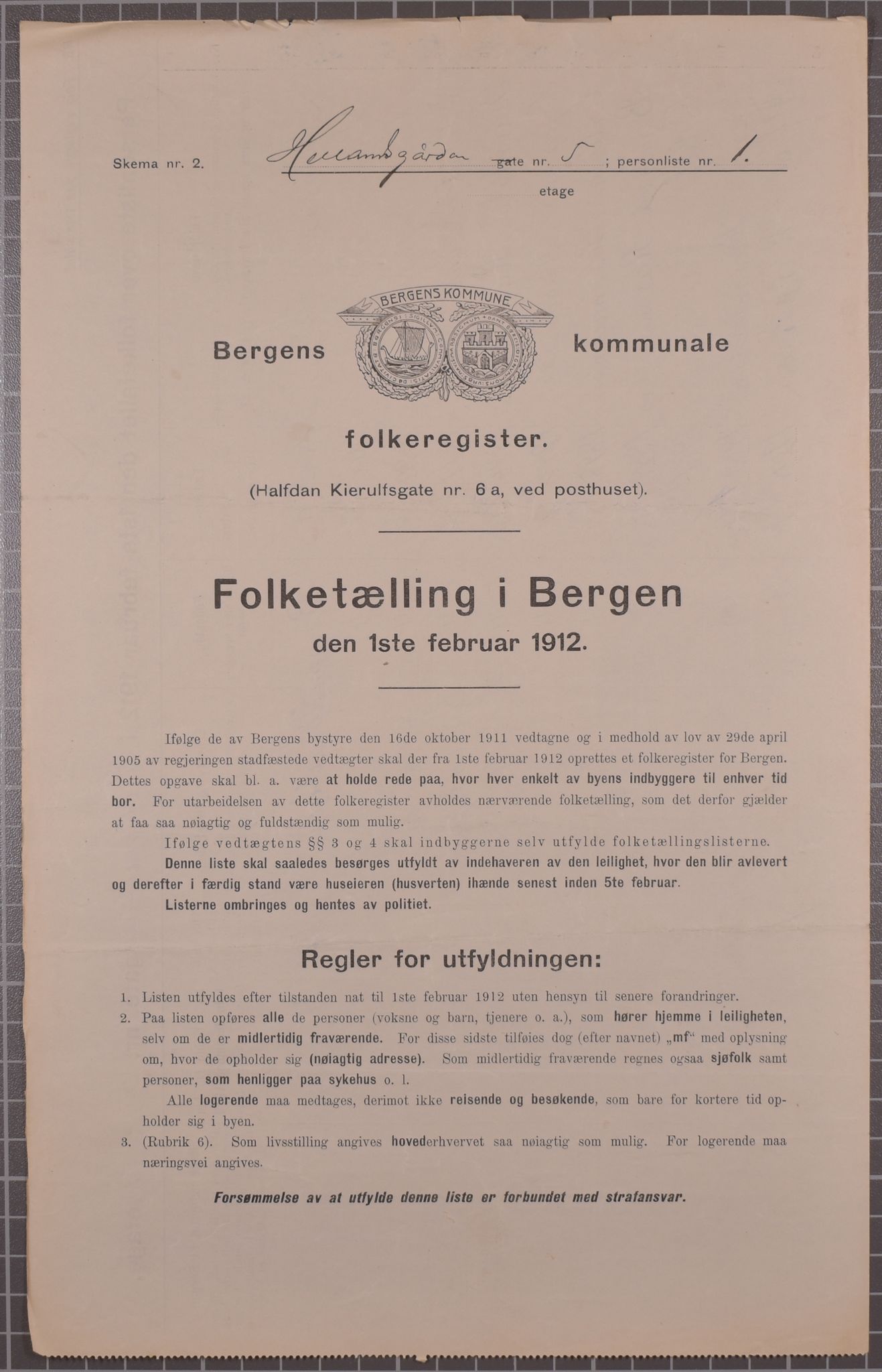 SAB, Municipal Census 1912 for Bergen, 1912, p. 2170