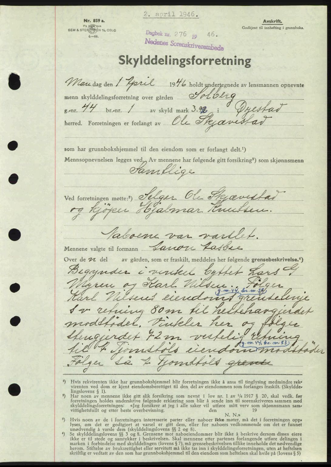 Nedenes sorenskriveri, AV/SAK-1221-0006/G/Gb/Gba/L0054: Mortgage book no. A6c, 1946-1946, Diary no: : 276/1946