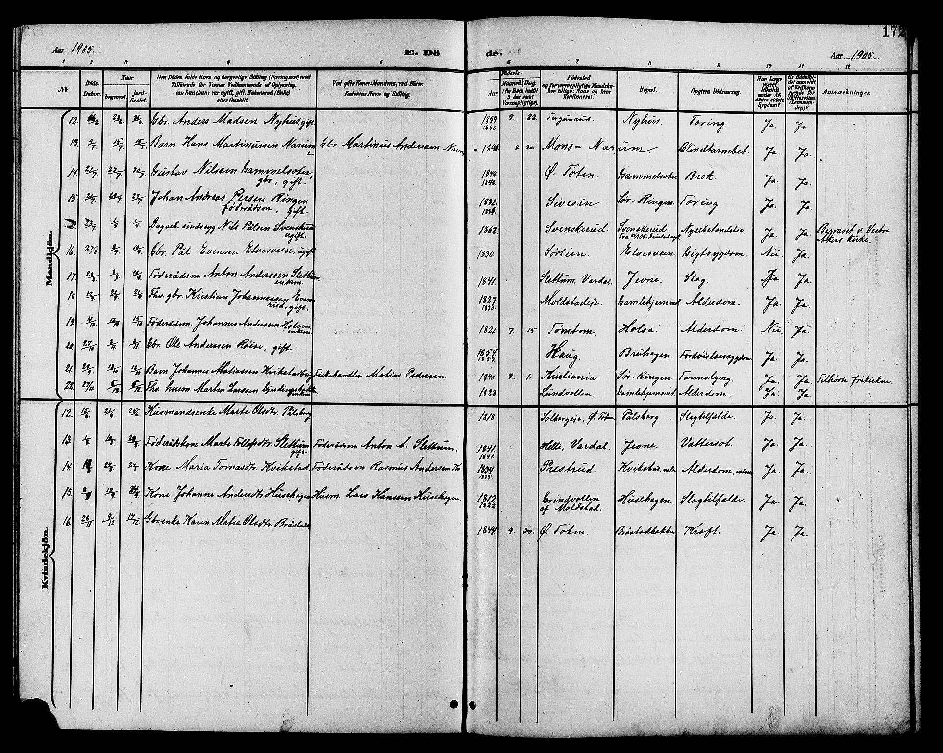 Vestre Toten prestekontor, SAH/PREST-108/H/Ha/Hab/L0011: Parish register (copy) no. 11, 1901-1911, p. 172