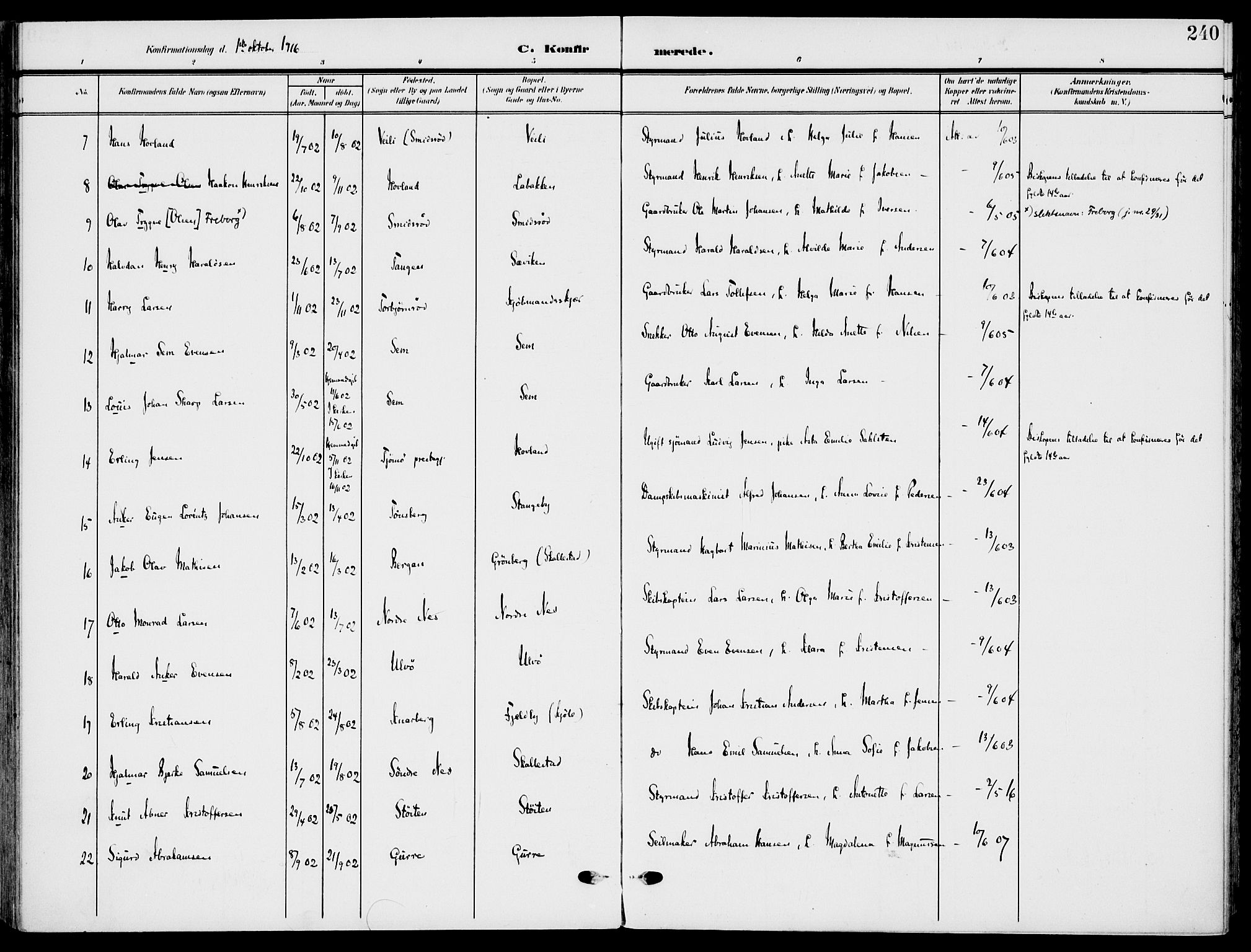 Nøtterøy kirkebøker, AV/SAKO-A-354/F/Fa/L0010: Parish register (official) no. I 10, 1908-1919, p. 240