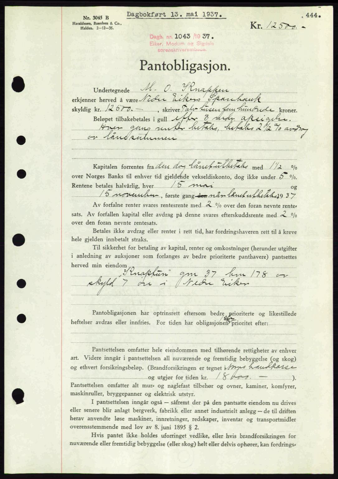 Eiker, Modum og Sigdal sorenskriveri, SAKO/A-123/G/Ga/Gab/L0035: Mortgage book no. A5, 1937-1937, Diary no: : 1043/1937