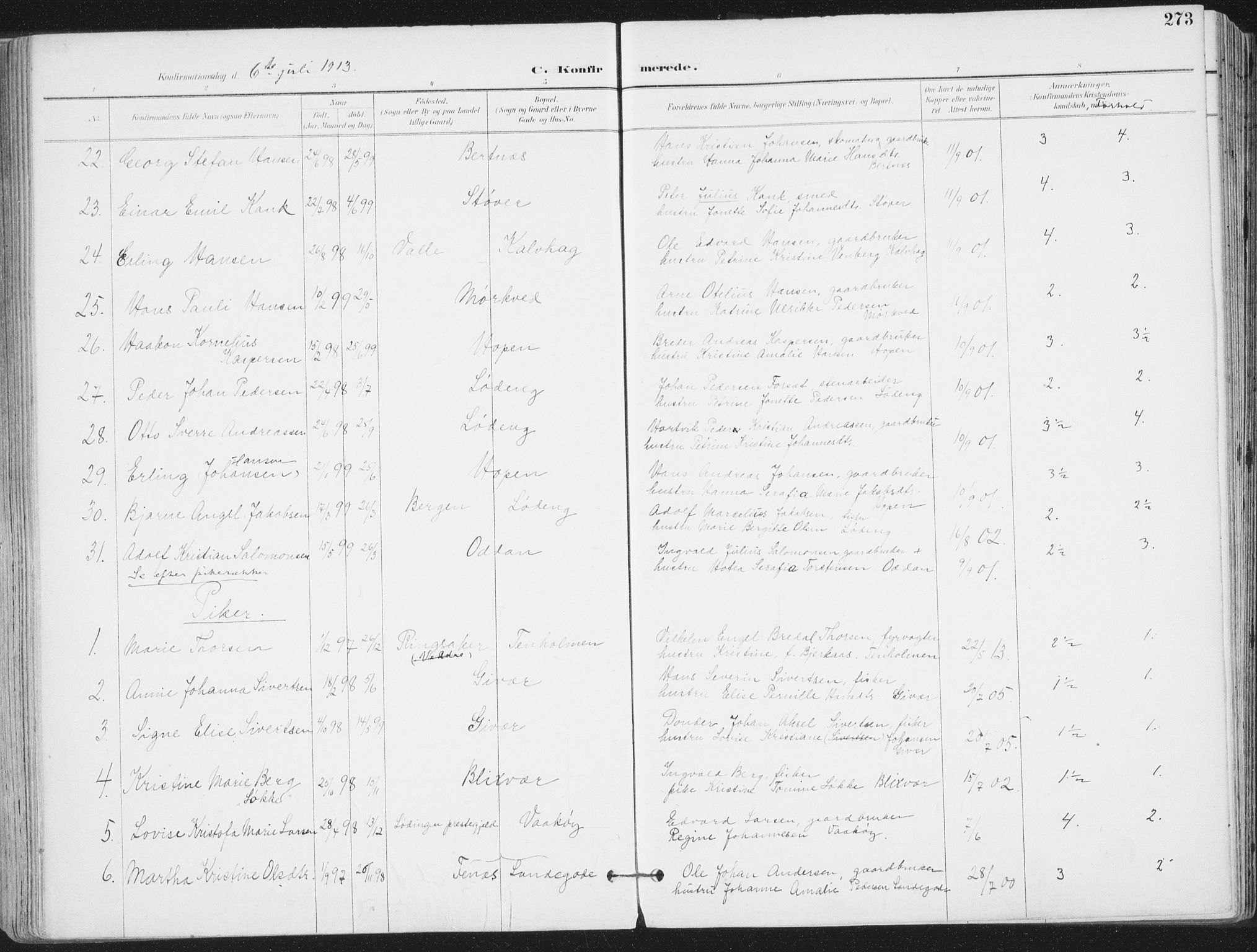 Ministerialprotokoller, klokkerbøker og fødselsregistre - Nordland, AV/SAT-A-1459/802/L0055: Parish register (official) no. 802A02, 1894-1915, p. 273