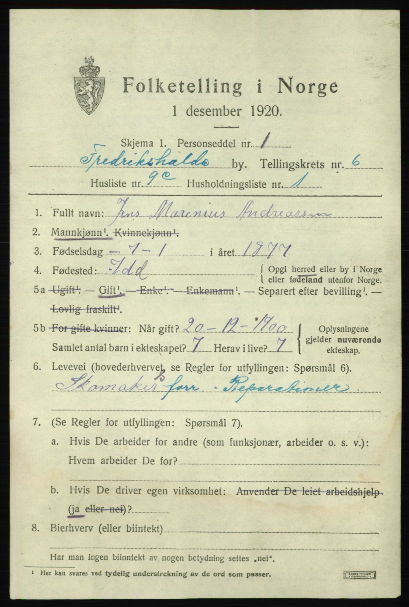 SAO, 1920 census for Fredrikshald, 1920, p. 13086