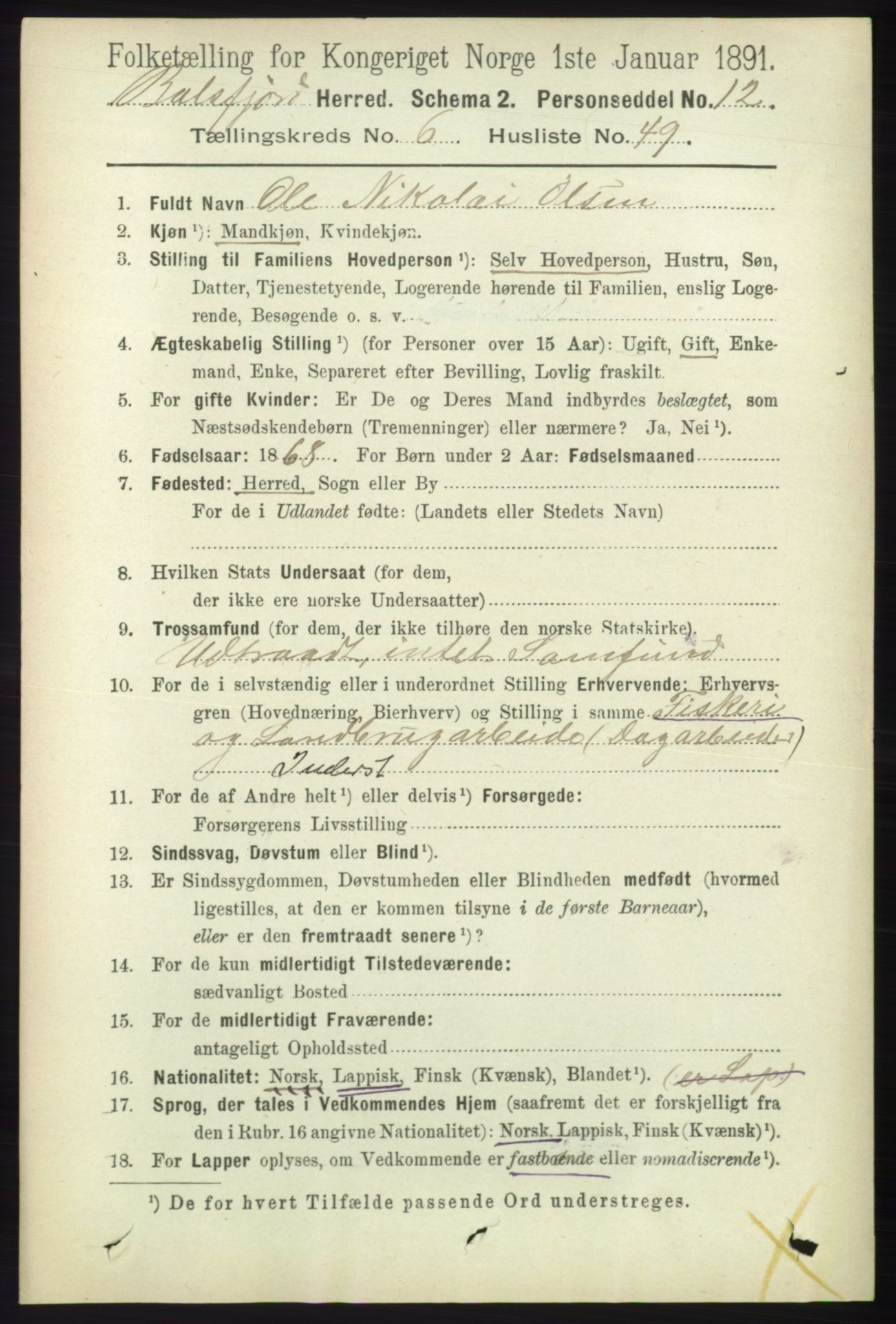 RA, 1891 census for 1933 Balsfjord, 1891, p. 1968