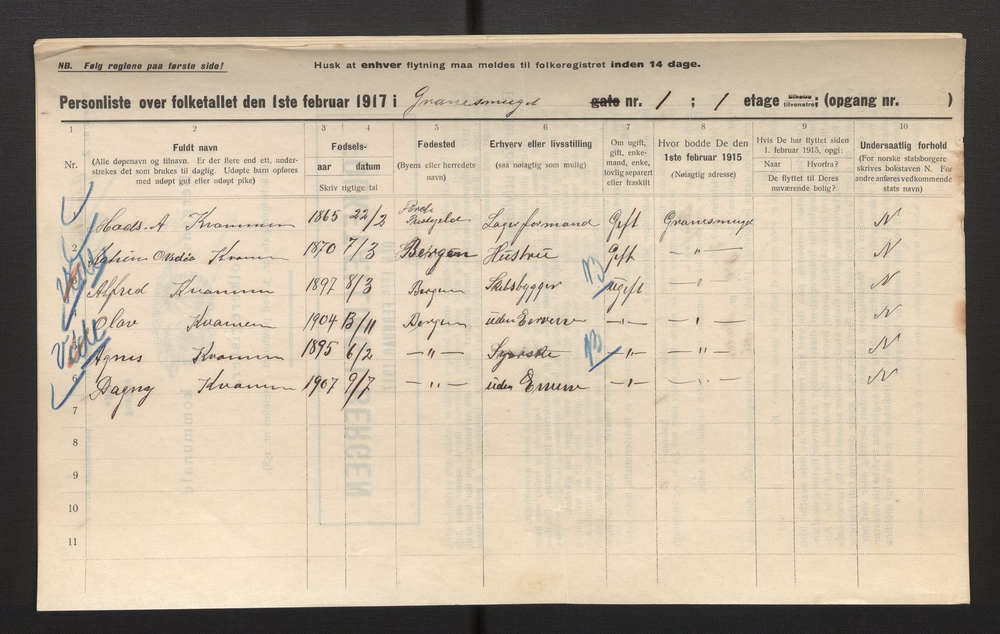 SAB, Municipal Census 1917 for Bergen, 1917, p. 10423