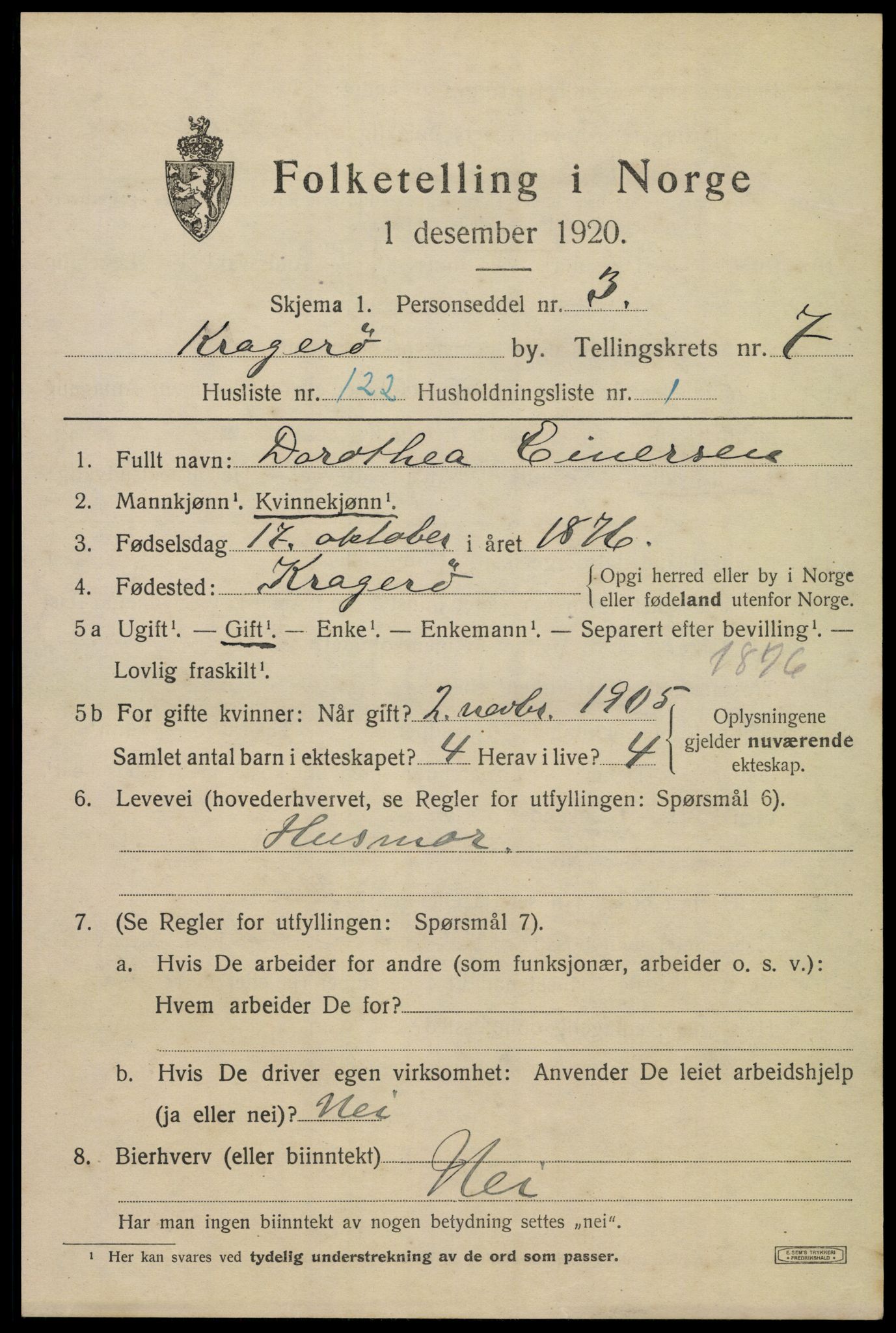 SAKO, 1920 census for Kragerø, 1920, p. 11097