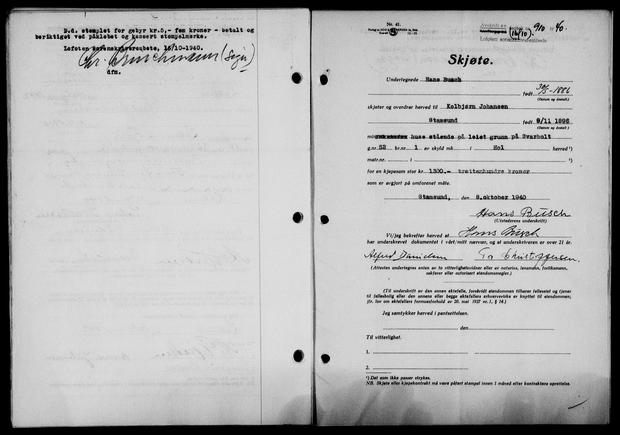 Lofoten sorenskriveri, SAT/A-0017/1/2/2C/L0007a: Mortgage book no. 7a, 1939-1940, Diary no: : 910/1940