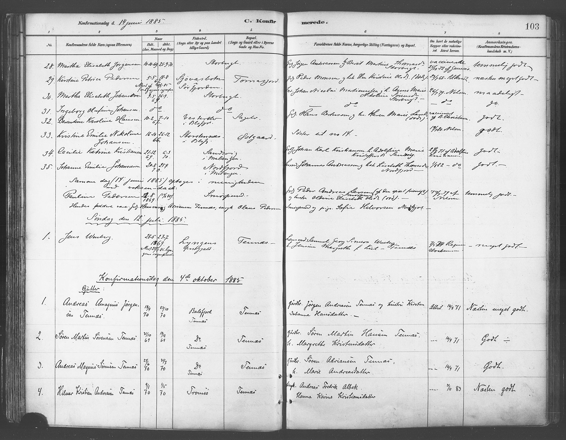 Balsfjord sokneprestembete, AV/SATØ-S-1303/G/Ga/L0005kirke: Parish register (official) no. 5, 1884-1897, p. 103