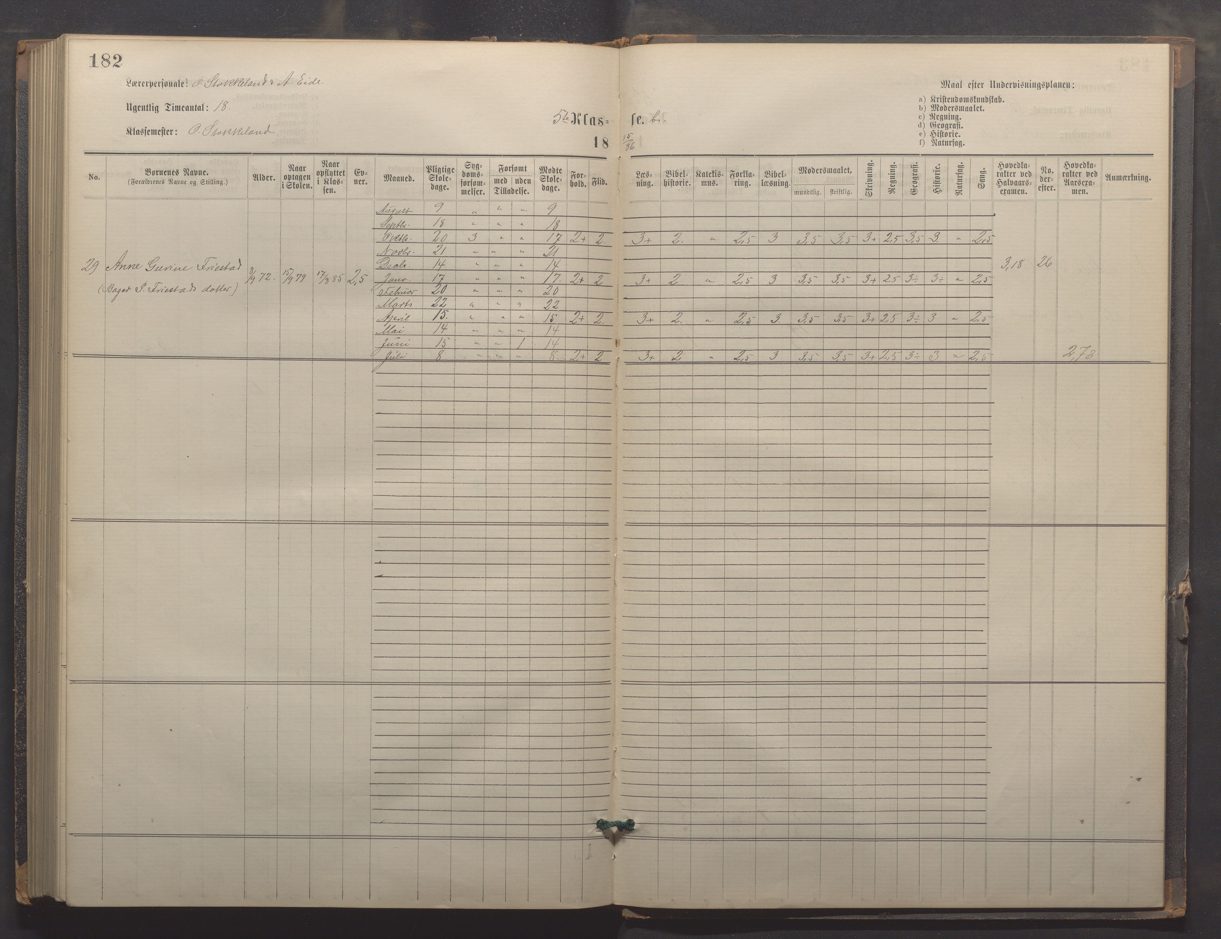 Egersund kommune (Ladested) - Egersund almueskole/folkeskole, IKAR/K-100521/H/L0021: Skoleprotokoll - Almueskolen, 7. klasse, 1878-1886, p. 182