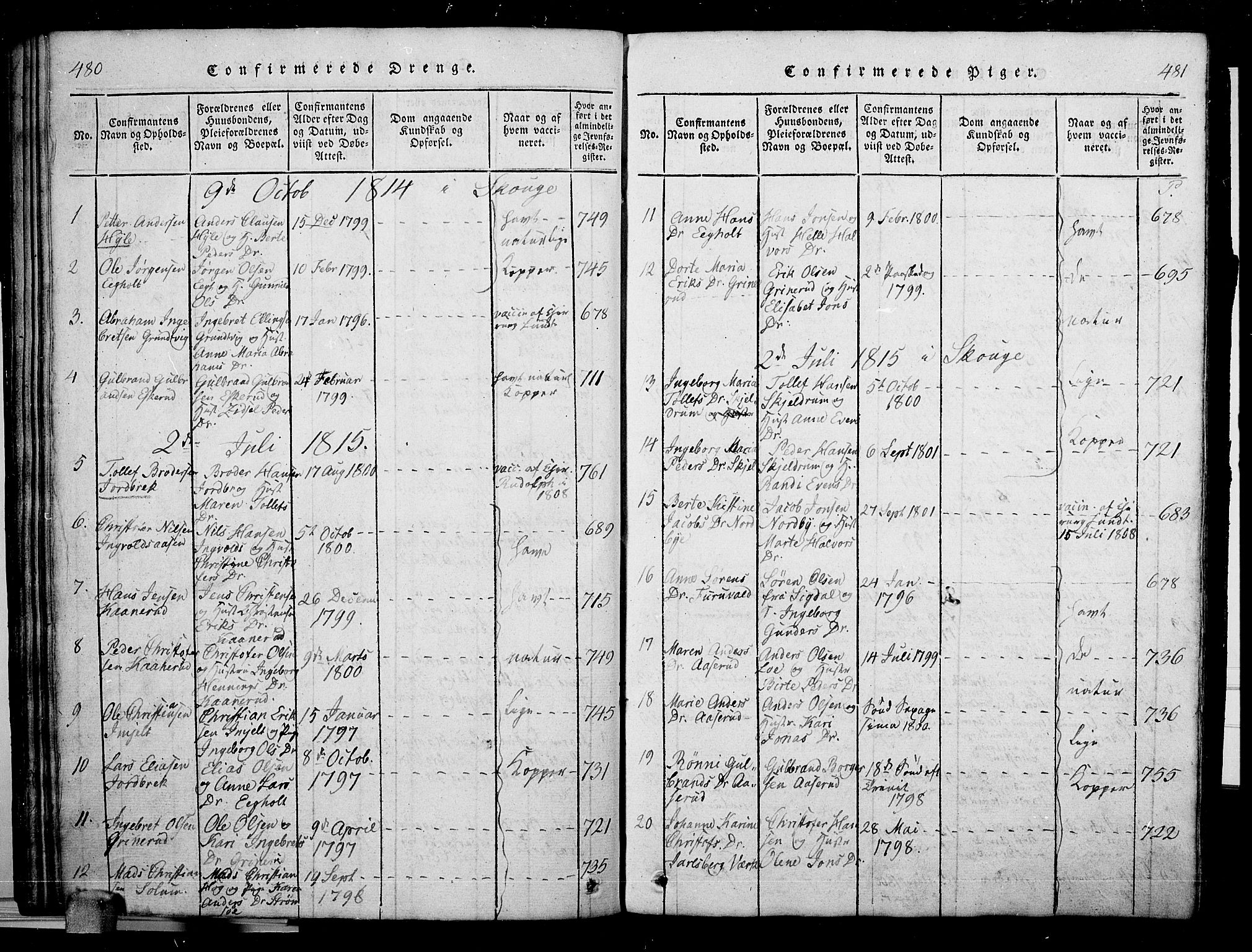 Skoger kirkebøker, AV/SAKO-A-59/G/Ga/L0001: Parish register (copy) no. I 1, 1814-1845, p. 480-481