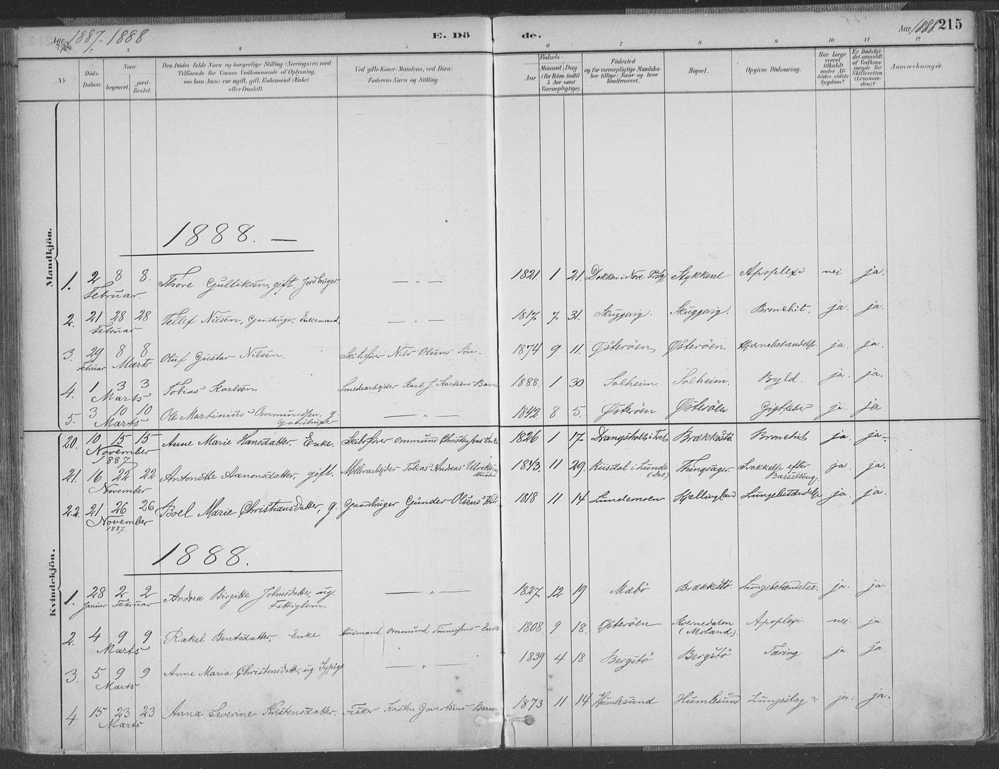 Vestre Moland sokneprestkontor, SAK/1111-0046/F/Fa/Fab/L0009: Parish register (official) no. A 9, 1884-1899, p. 215