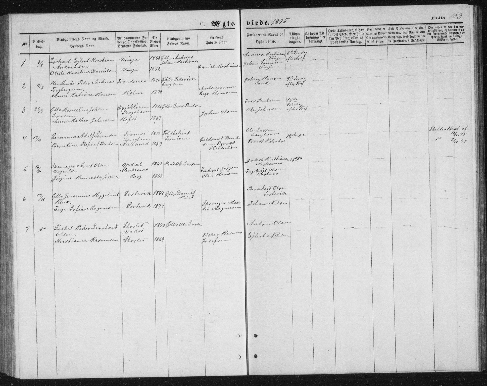 Tranøy sokneprestkontor, AV/SATØ-S-1313/I/Ia/Iab/L0013klokker: Parish register (copy) no. 13, 1874-1896, p. 153