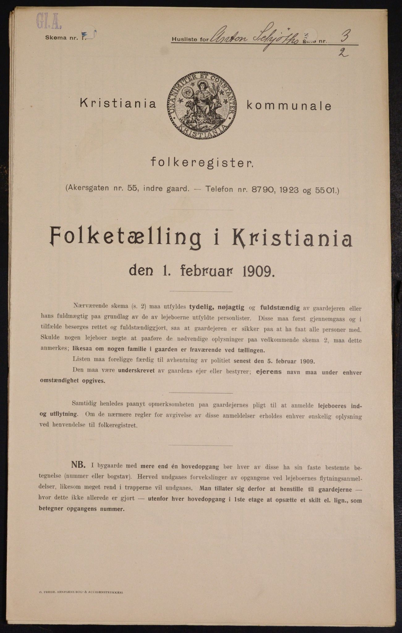 OBA, Municipal Census 1909 for Kristiania, 1909, p. 1308