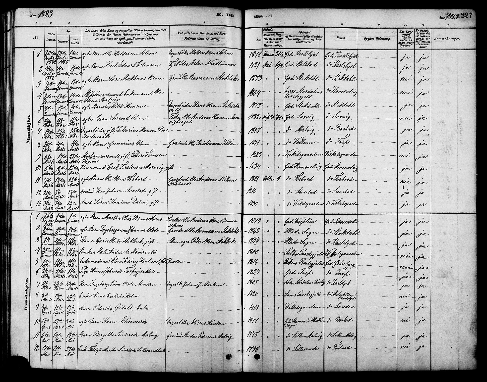 Ministerialprotokoller, klokkerbøker og fødselsregistre - Sør-Trøndelag, AV/SAT-A-1456/616/L0423: Parish register (copy) no. 616C06, 1878-1903, p. 227