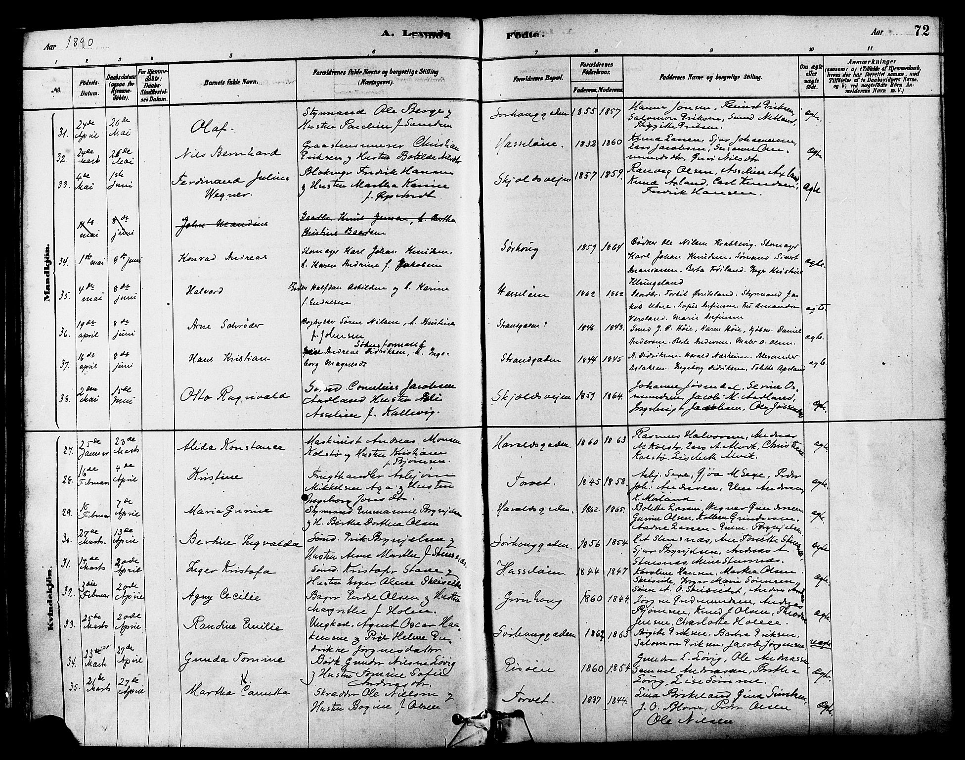 Haugesund sokneprestkontor, AV/SAST-A -101863/H/Ha/Haa/L0003: Parish register (official) no. A 3, 1885-1890, p. 72