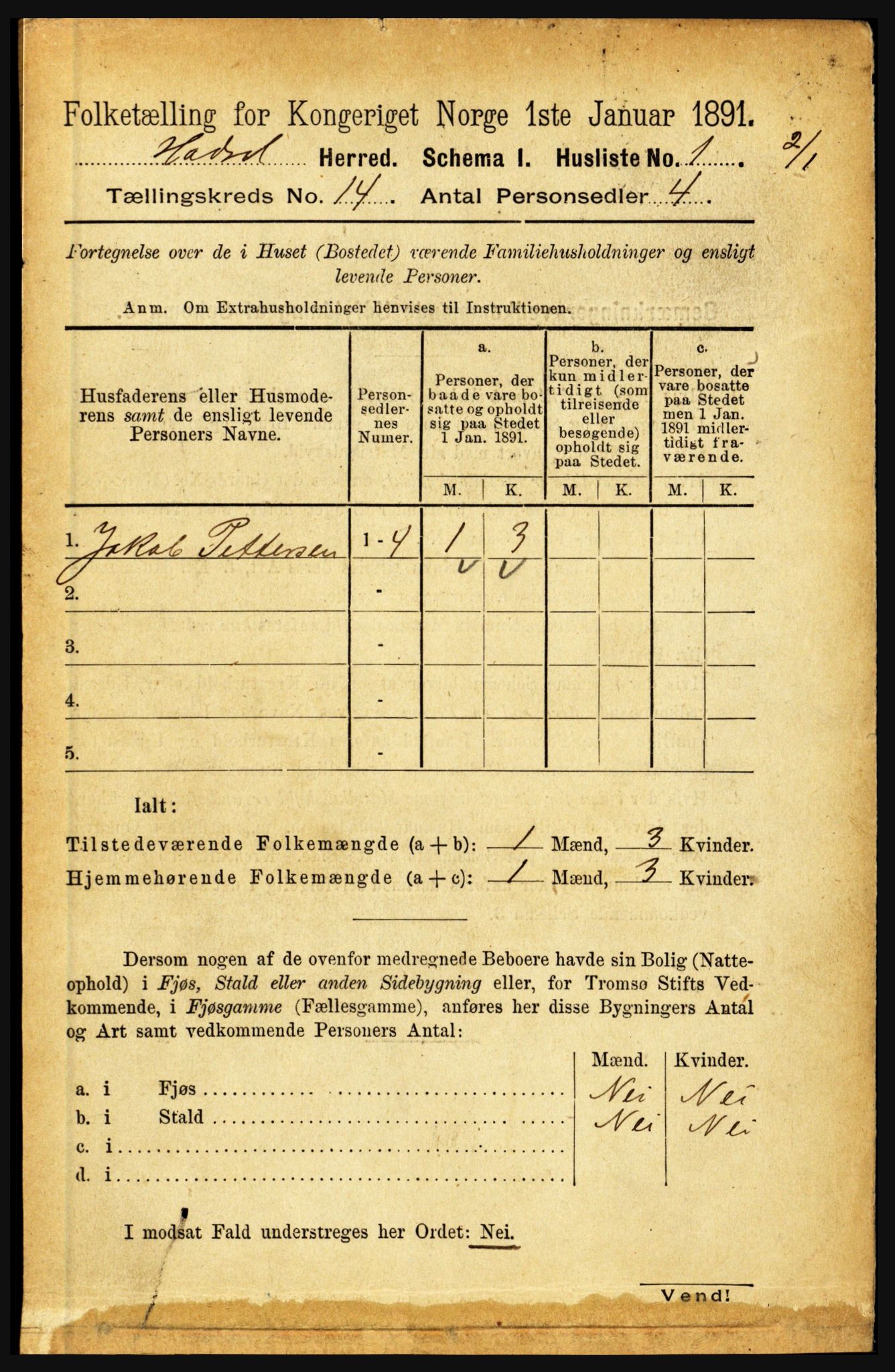 RA, 1891 census for 1866 Hadsel, 1891, p. 6254