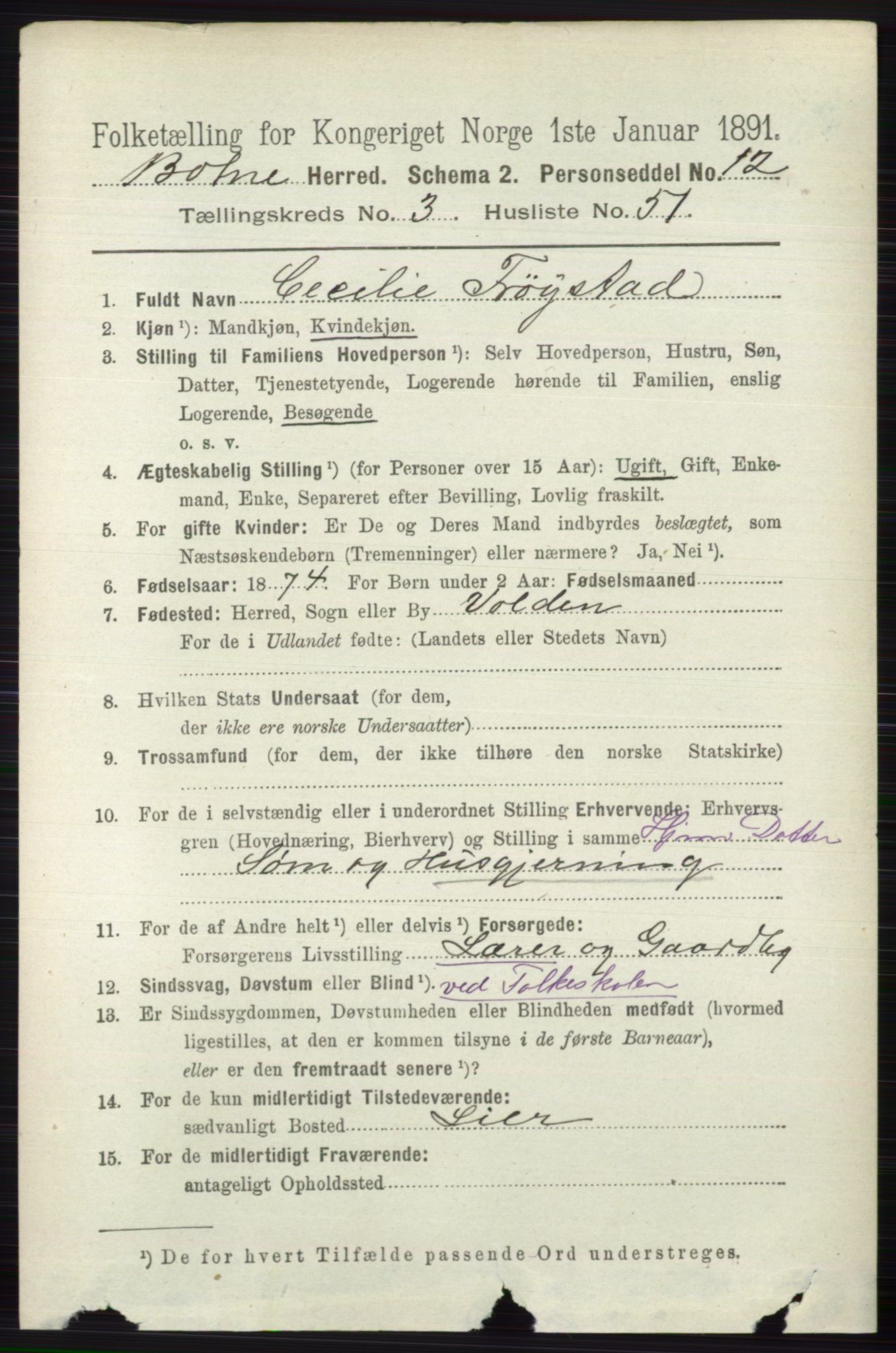 RA, 1891 census for 0715 Botne, 1891, p. 1541