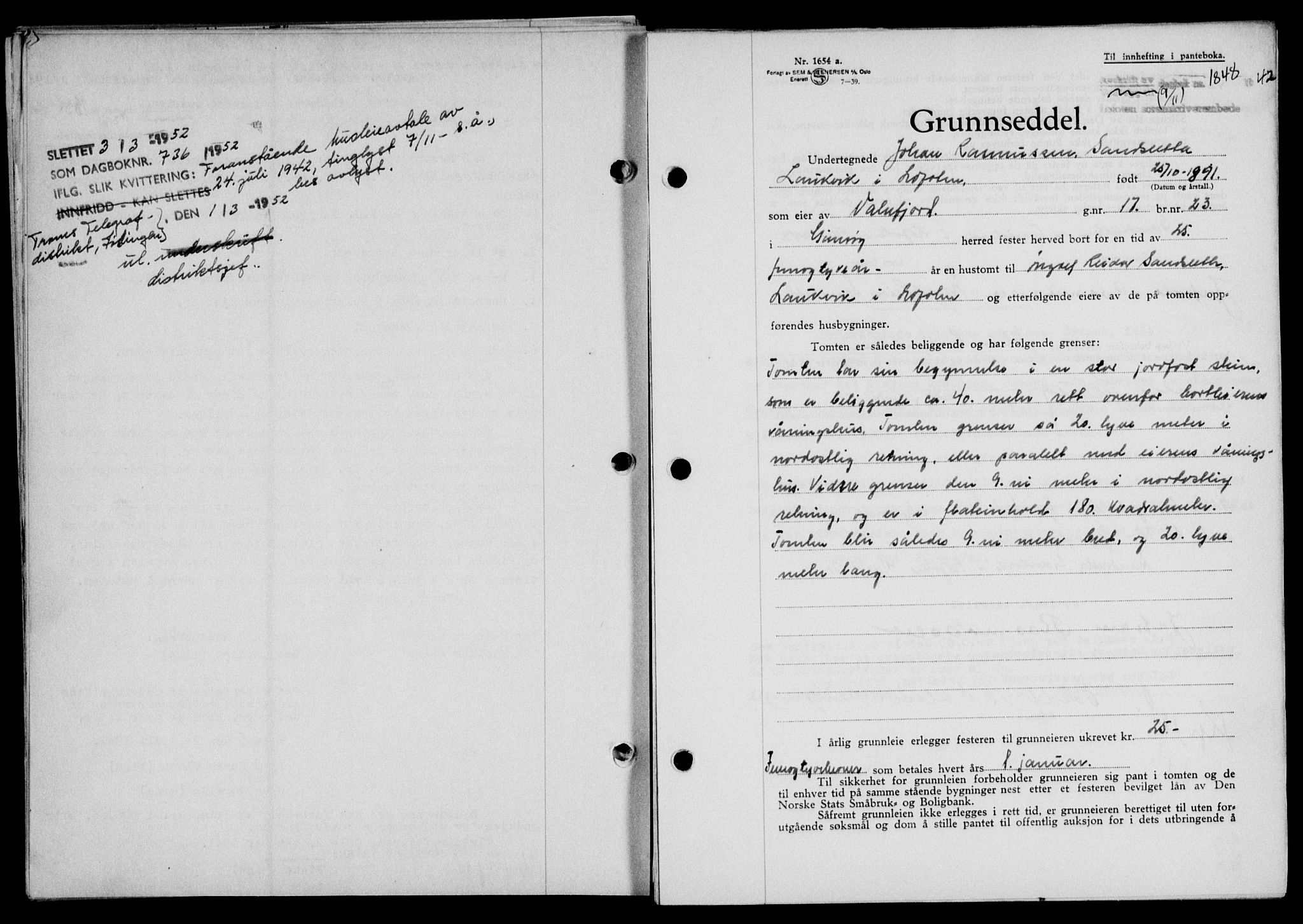 Lofoten sorenskriveri, SAT/A-0017/1/2/2C/L0010a: Mortgage book no. 10a, 1942-1943, Diary no: : 1848/1942