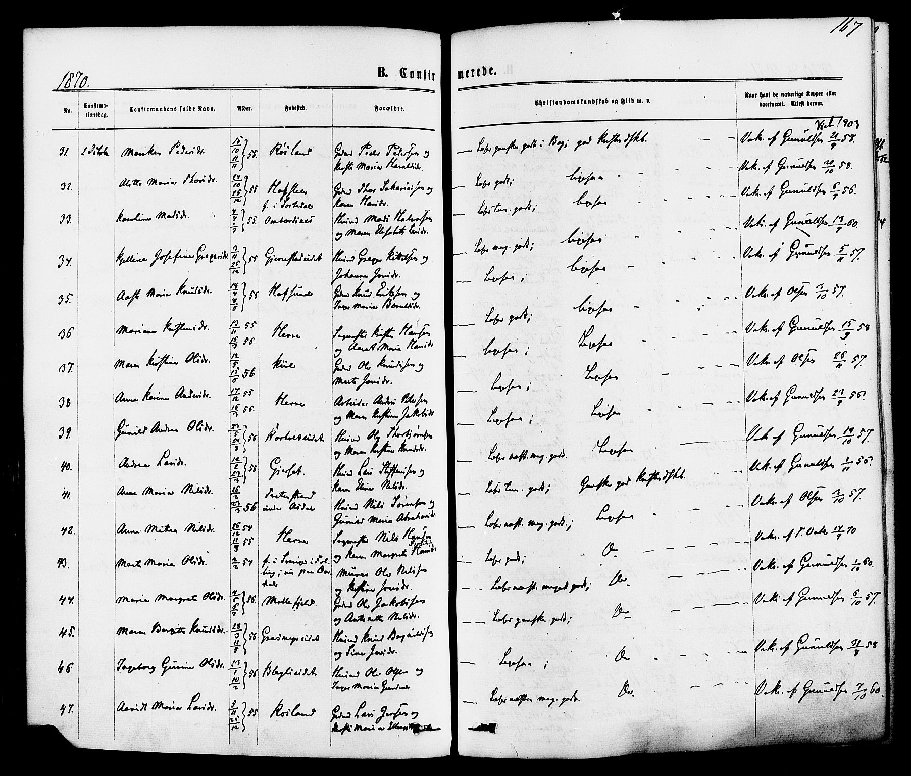 Bamble kirkebøker, SAKO/A-253/F/Fa/L0006: Parish register (official) no. I 6, 1869-1877, p. 167